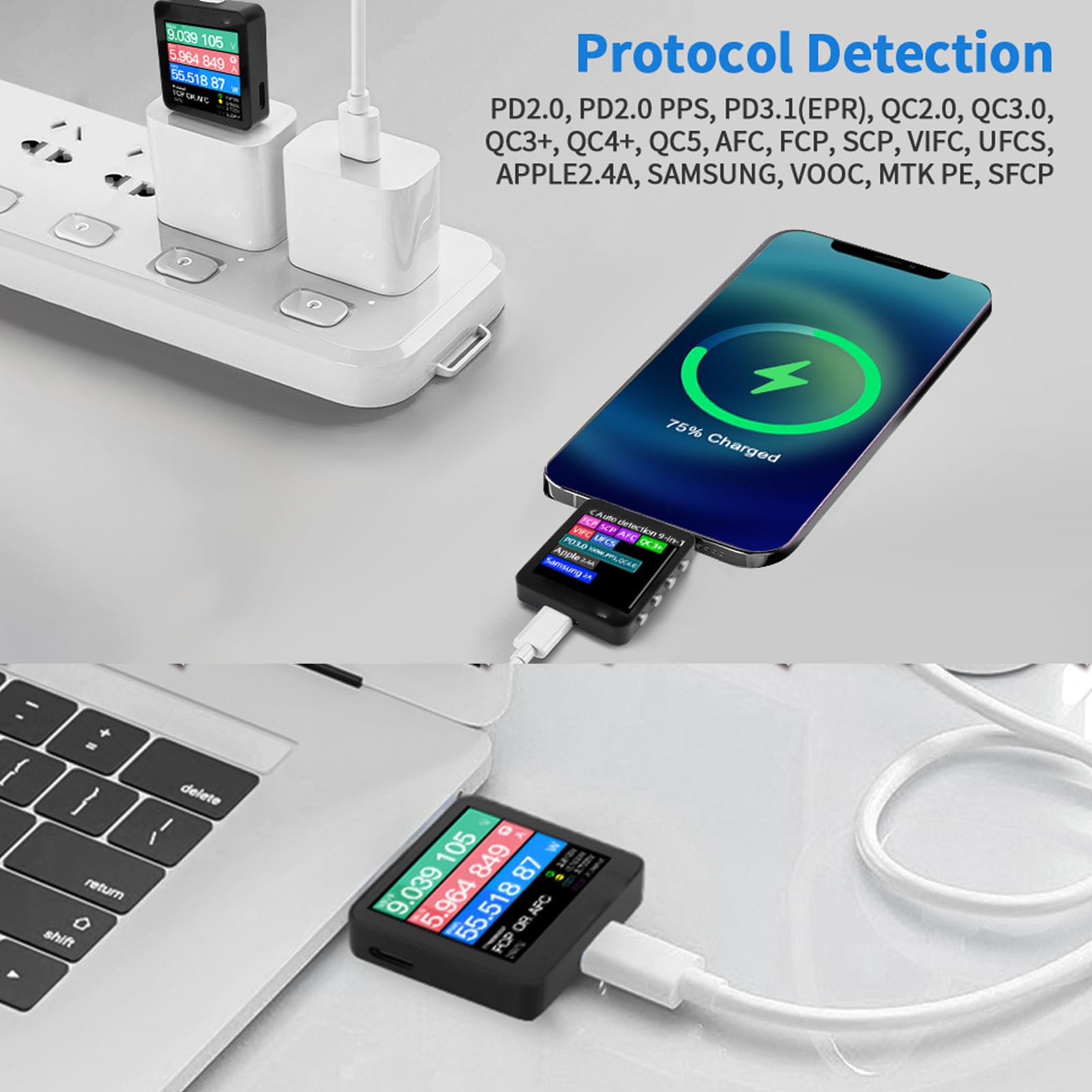 Fafeicy Tester USB C, Przenośny Cyfrowy Miernik Napięcia z Ekranem IPS o Przekątnej 1,54 Cala do Szybkiego Testu ładowania, Obsługa USB PD3.1 QC5.0 Thunderbolt 3/4 E-Marker