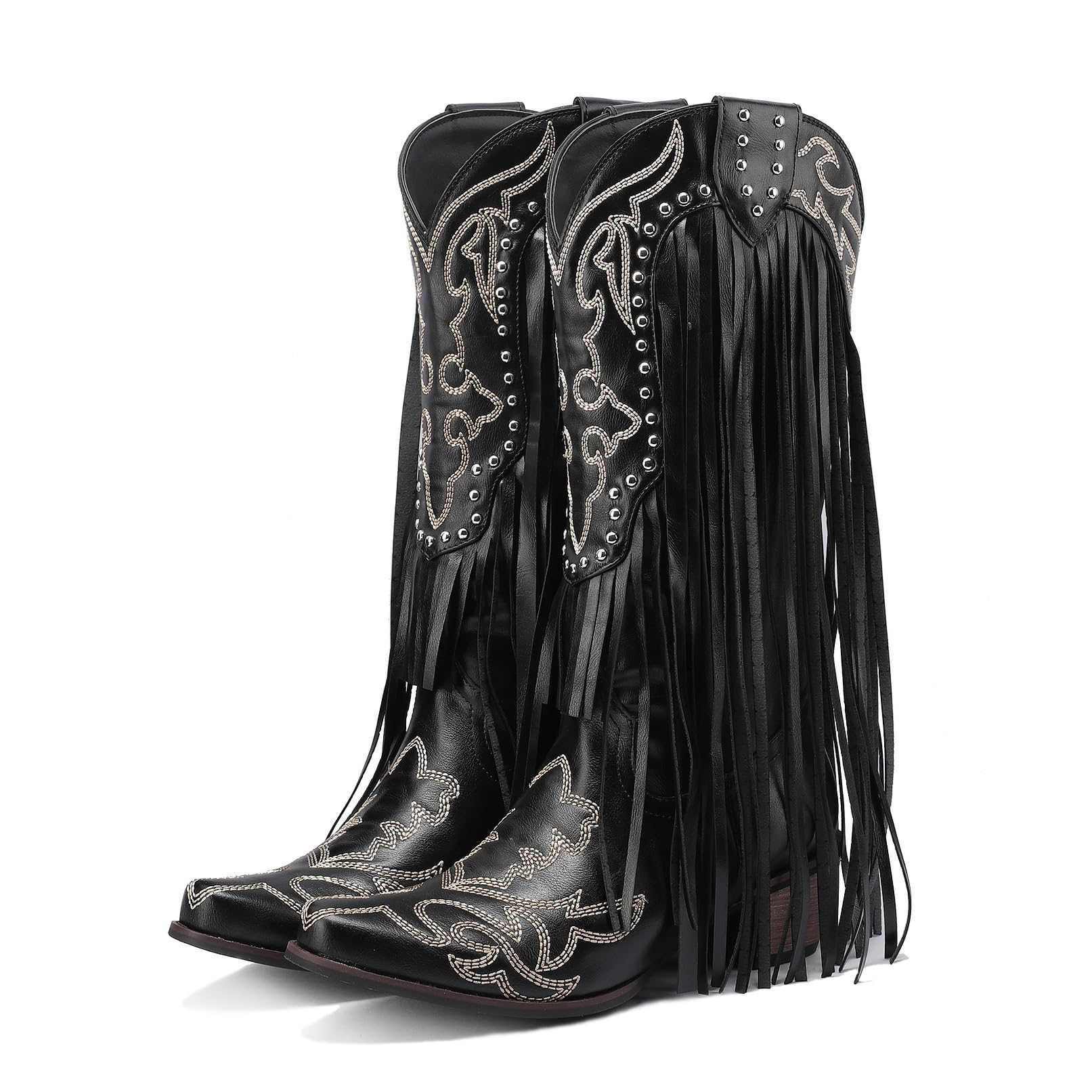 BEAUPAS Womens Western Cowgirl Boots with Fringe Studded Embroidered Knee High Cowboy Boots