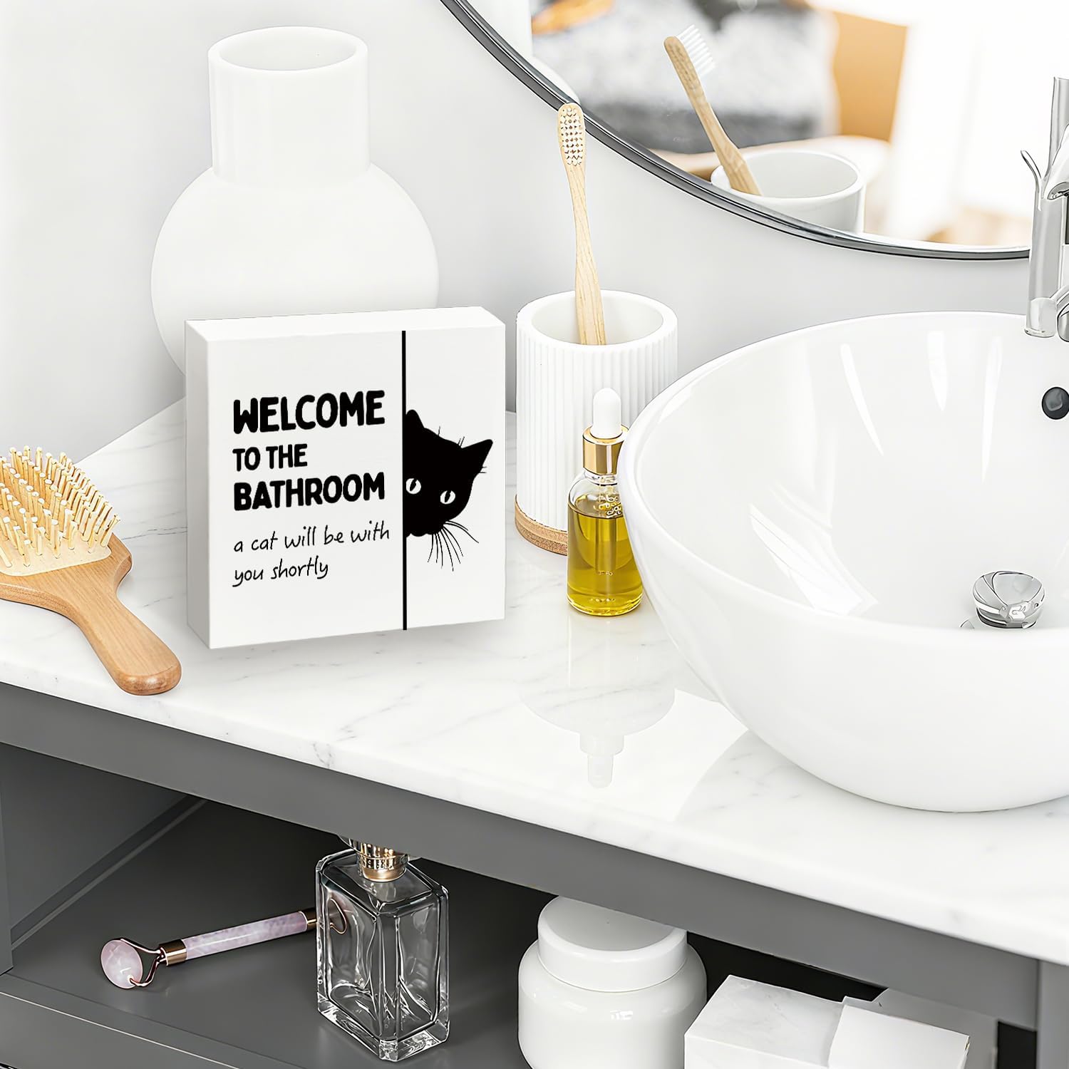 Funny Black Cat Bathroom Wooden Box Sign, Cats Lover Gifts, Welcome to the Bathroom a Cat Will Be with Wood Block Sign Decorations for Toilet Guest Bath Shelf Table Decor, 5x5 Inch - Image 4
