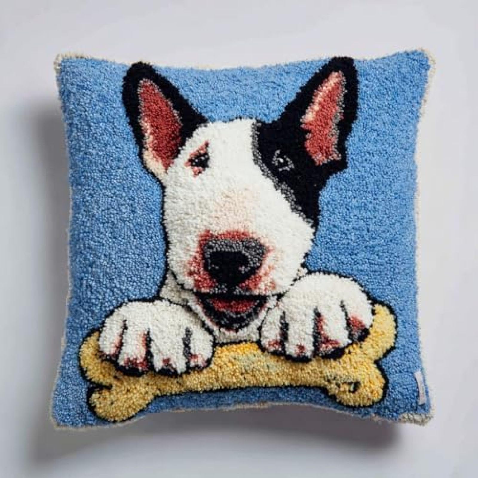 kitphoenix DIY Latch Hook Cushion Cover Kit for Adults Beginners,Bull Terrier Dog and Bone,Pre-Printed Canvas with Yarn and Hook,43x43 cm Handmade Home Décor Craft Set