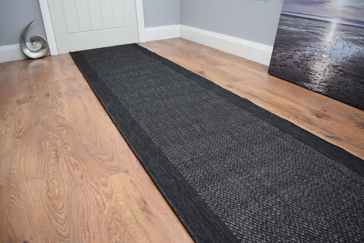 SrS Rugs® Luna Flatweave Collection, Reversible Indoor Outdoor Runner Rug for Hallway, Kitchen, and Entrance. Smooth Soft 2mm Depth Pile. 70cm Wide. Any Length (Flatweave Black, Length: 13' (396cm)) — image 1