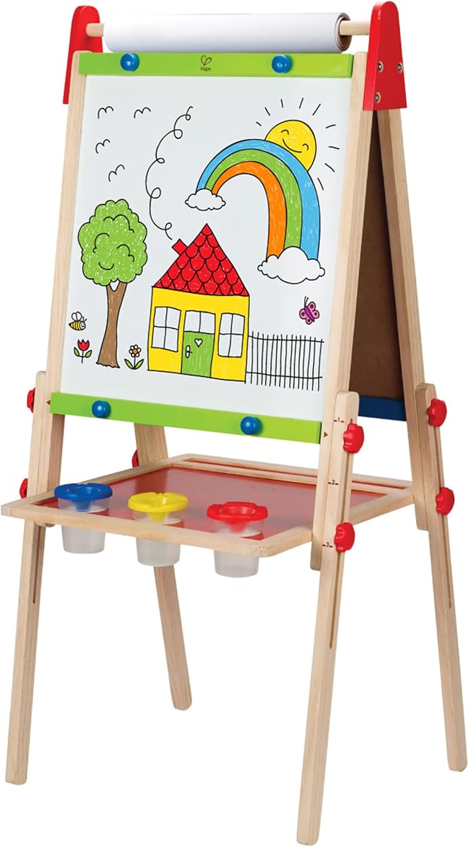 E1010 Caballete de artista de madera con pizarra de borrado en seco y altura ajustable para niños, magnético, todo en 1, con 3 botes de pintura y rollo de papel recargable