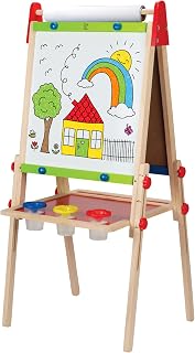 Hape E1010 Kids Wooden Easel - Adjustable Magnetic Whiteboard, Chalkboard, Paper Roll & 3 Paint Pots All-in-One Art Station