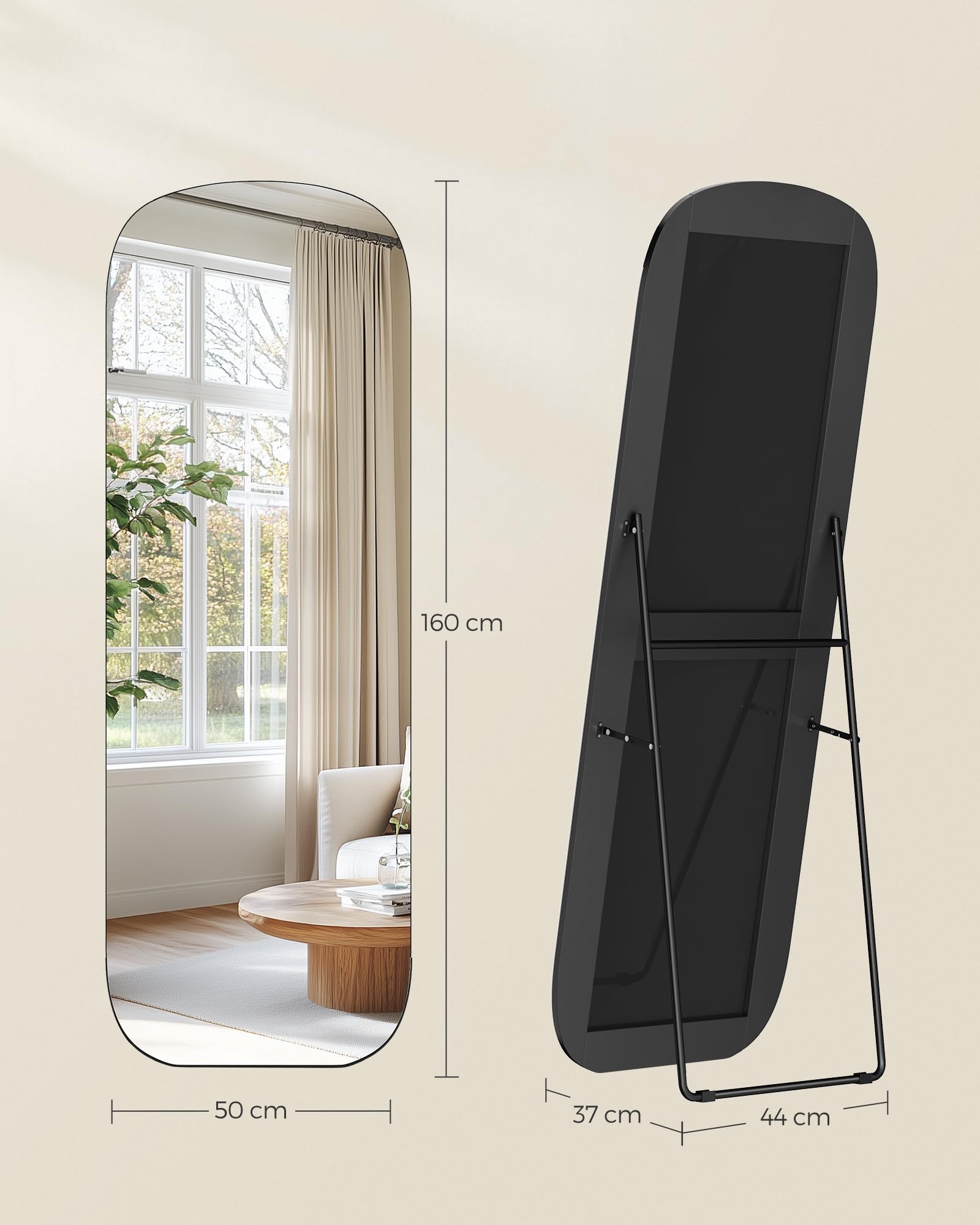 SONGMICS Ganzkörperspiegel, 160 x 50 cm, mit abgerundeten Ecken, Standspiegel aus Qualitätsglas, Aluminium-Rahmen, für Schlafzimmer, Ankleidezimmer, tintenschwarz LFM029B01