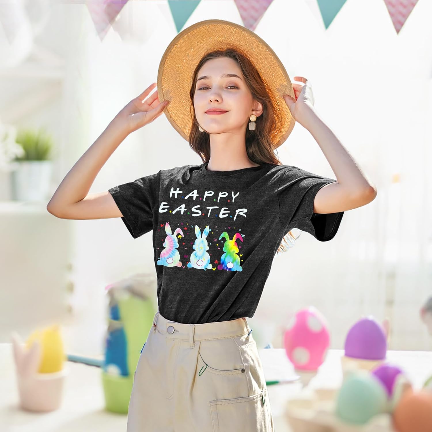 Happy Easter Shirts for Women: Easter Bunny Shirt Colorful Rabbit Easter Graphic T Shirt Letter Print Short Sleeve Tops - Image 2