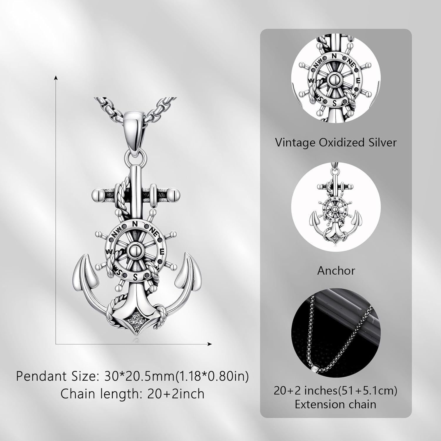 Men's Nautical Anchor Compass Necklace 925 Sterling Silver Anchor Pendant, Inspirational Nautical Birthday Christmas Jewelry Gift for Him - Image 5