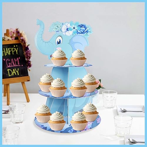 Miniatura 5 de Soporte para cupcakes de elefante azul de 3 niveles, 19.1 pulgadas de alto, hecho de cartón grueso, capacidad para muchos cupcakes