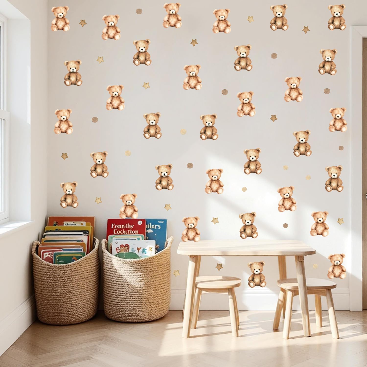 YIMEHDAN Watercolor Brown Bear Wall Decal, Lovely Bear Stars Vinyl Wall Stickers, Removable Bearly Wait Baby Shower Artwork Kids Bedroom Playroom Nursery Decor