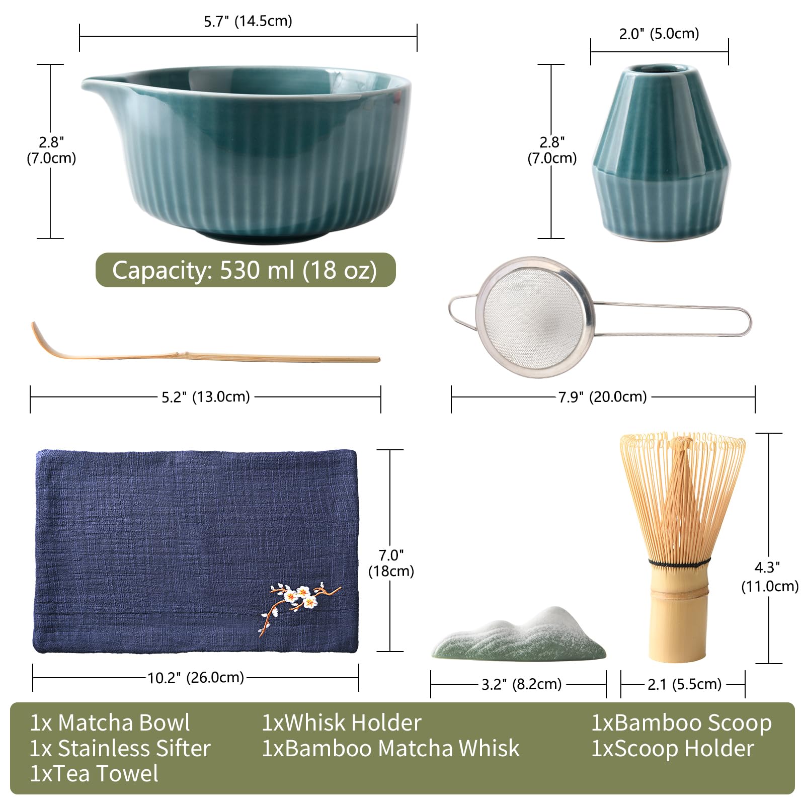 Matcha Kit Completo 7 Pezzi in Regalo Elegante: Ciotola Ceramica, Frullino di Bambù, Set per Tè Giapponese con Base, Setaccio Acciaio + Tovaglietta Lino - Set Matcha Autentico (Blu)