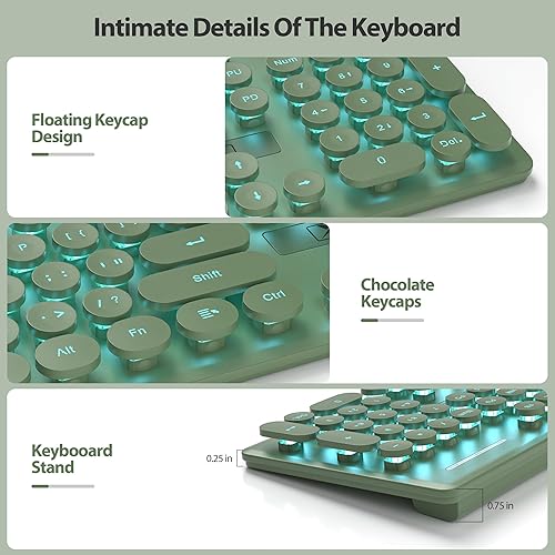 Miniatura 4 de surmen Bonito teclado silencioso con cable verde, teclado de computadora retroiluminado con teclas redondas retro, tamaño completo, 104 teclas para