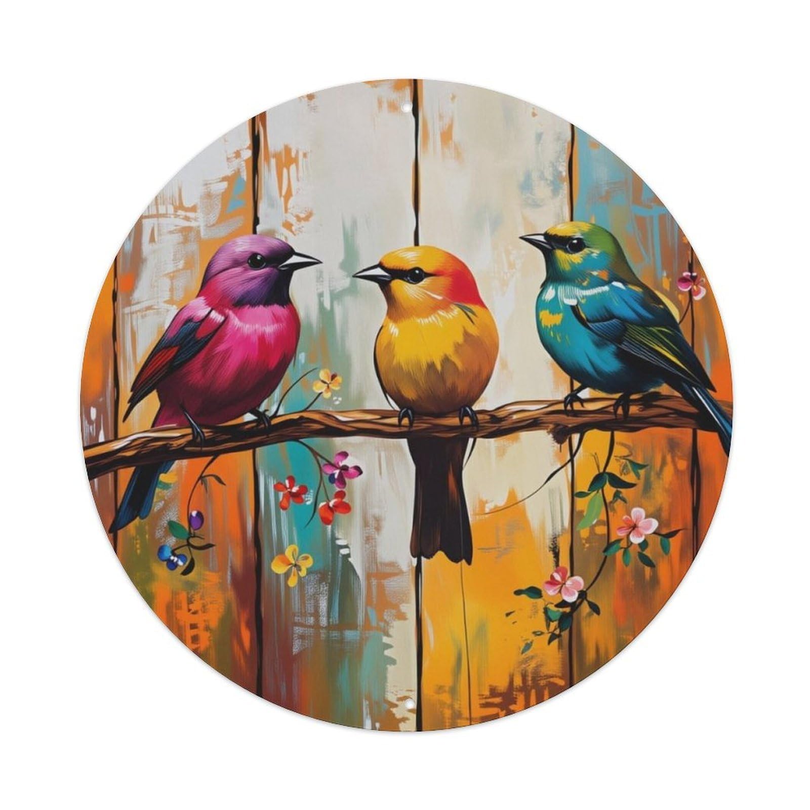 Vintage Wood Panel Three Color Birds Round Wall Sign Vintage Aluminium Metal Sign, Retro Wall Decor for Home, Bar, Garage & Farmhouse 20x20cm