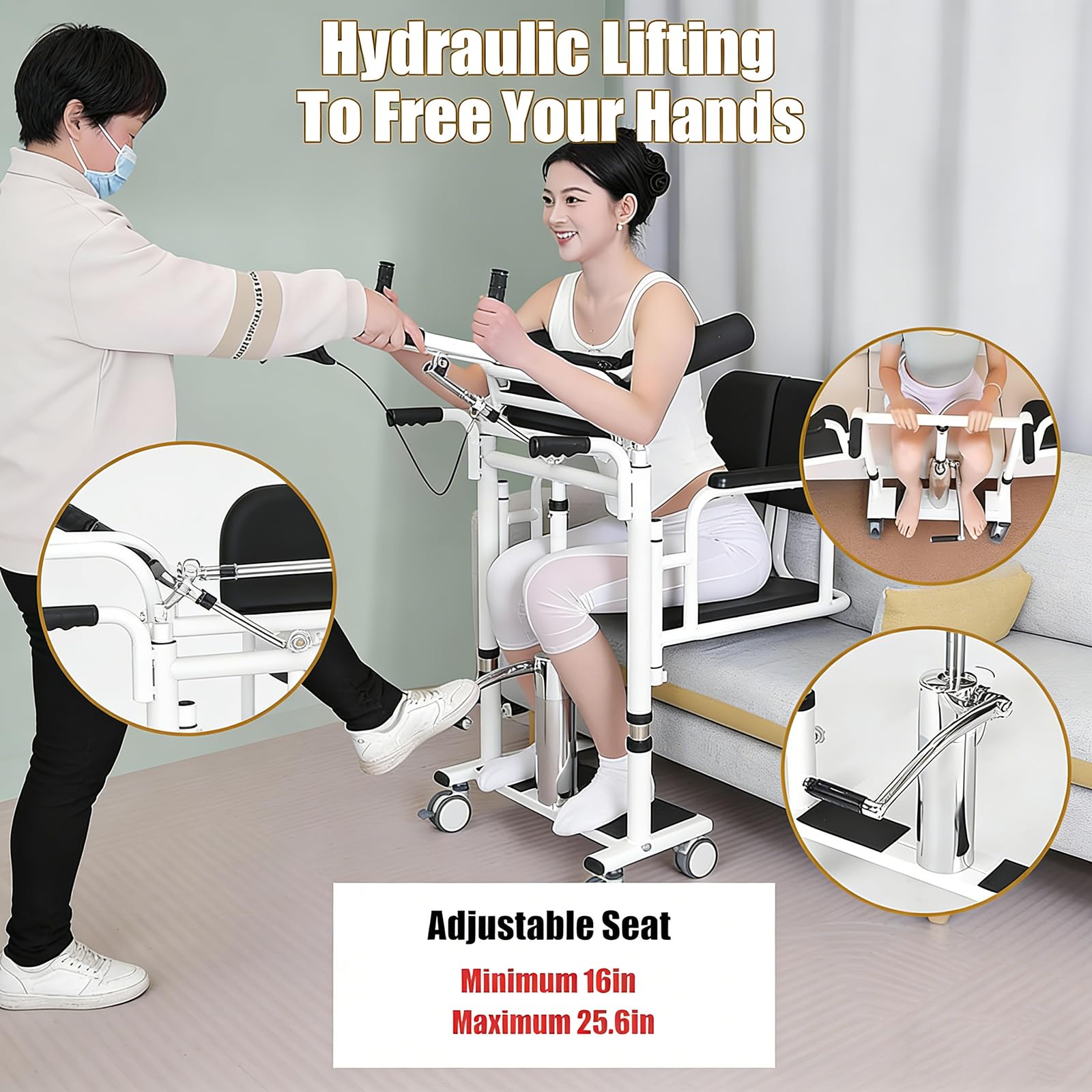 Silla de Transferencia elevadora 5 en 1 para Pacientes Ancianos y Uso doméstico, portátil, con reposapiés de Altura Ajustable, Elevador hidráulico, abatible 180°, soporta hasta 200 kg Orange