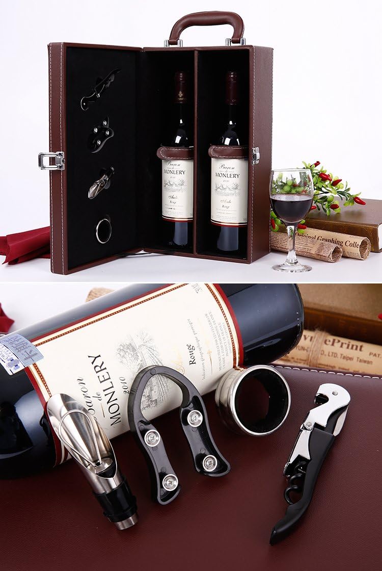PU Leather Bottle Modern Top Handle Wine Box Travel Storage Box Champagne Bottle Case Holder Carrier with 4 Piece Wine Accessory Set (Two Bottle Red)