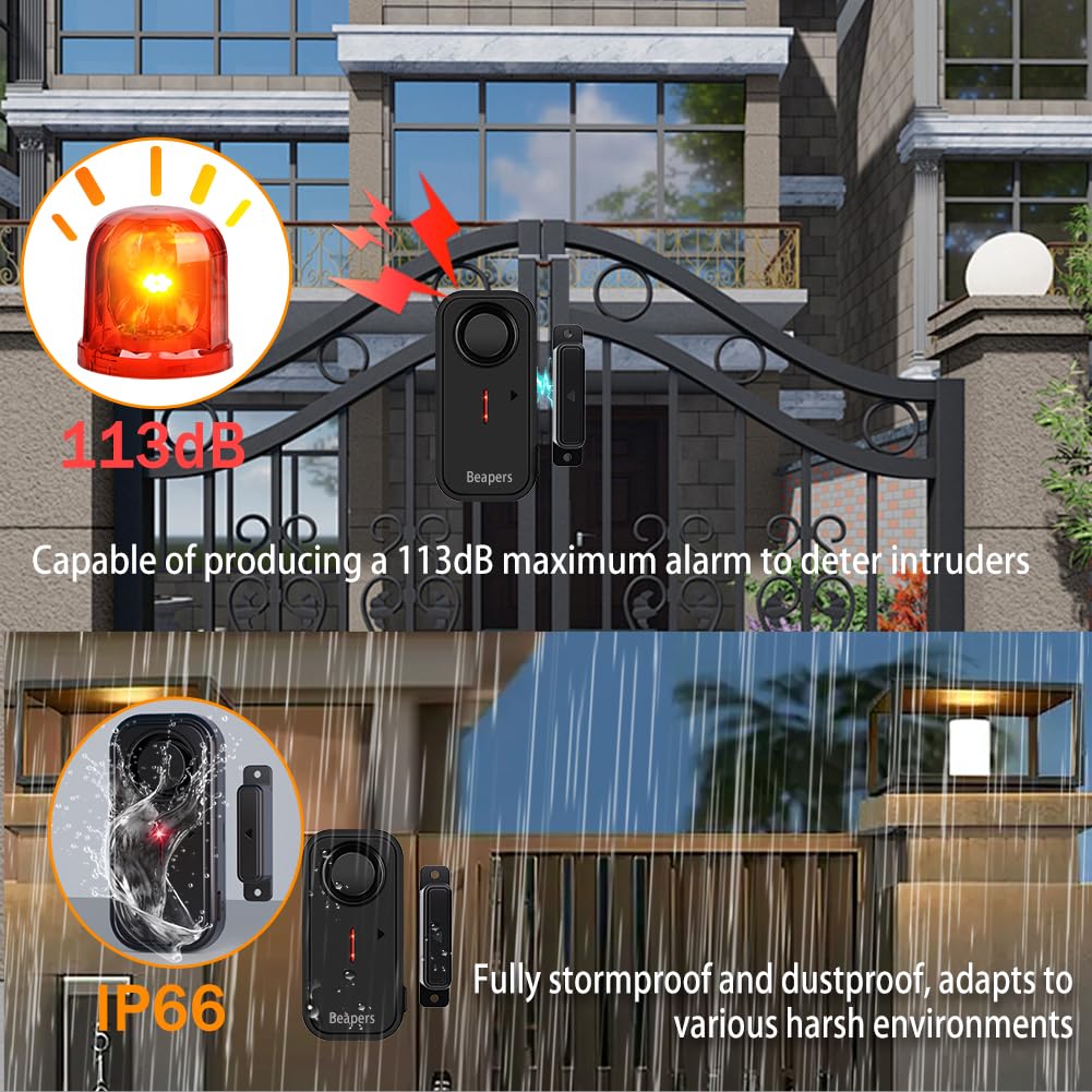 Allarme di sicurezza personale impermeabile per porta/finestra, impermeabile IP66, con telecomando, 113 dB, modalità allarme/campanello, spaziatura migliorata dello spazio tra le porte, antifurto