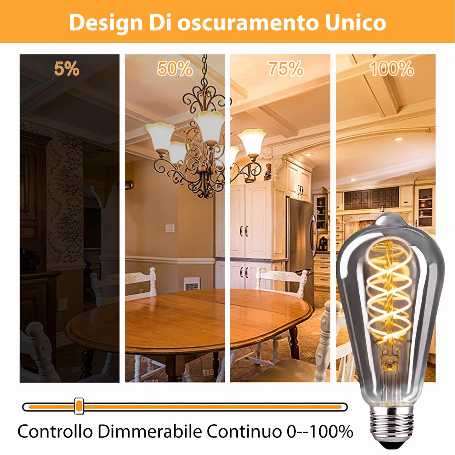 Lampadina Edison vintage E27, Lampadina E27 LED vintage dimmerabile 4W E27 Lampadine LED Edison ideale per un'illuminazione nostalgica e retrò nel bar di casa, vetro grigio fumo - 6 pezzi