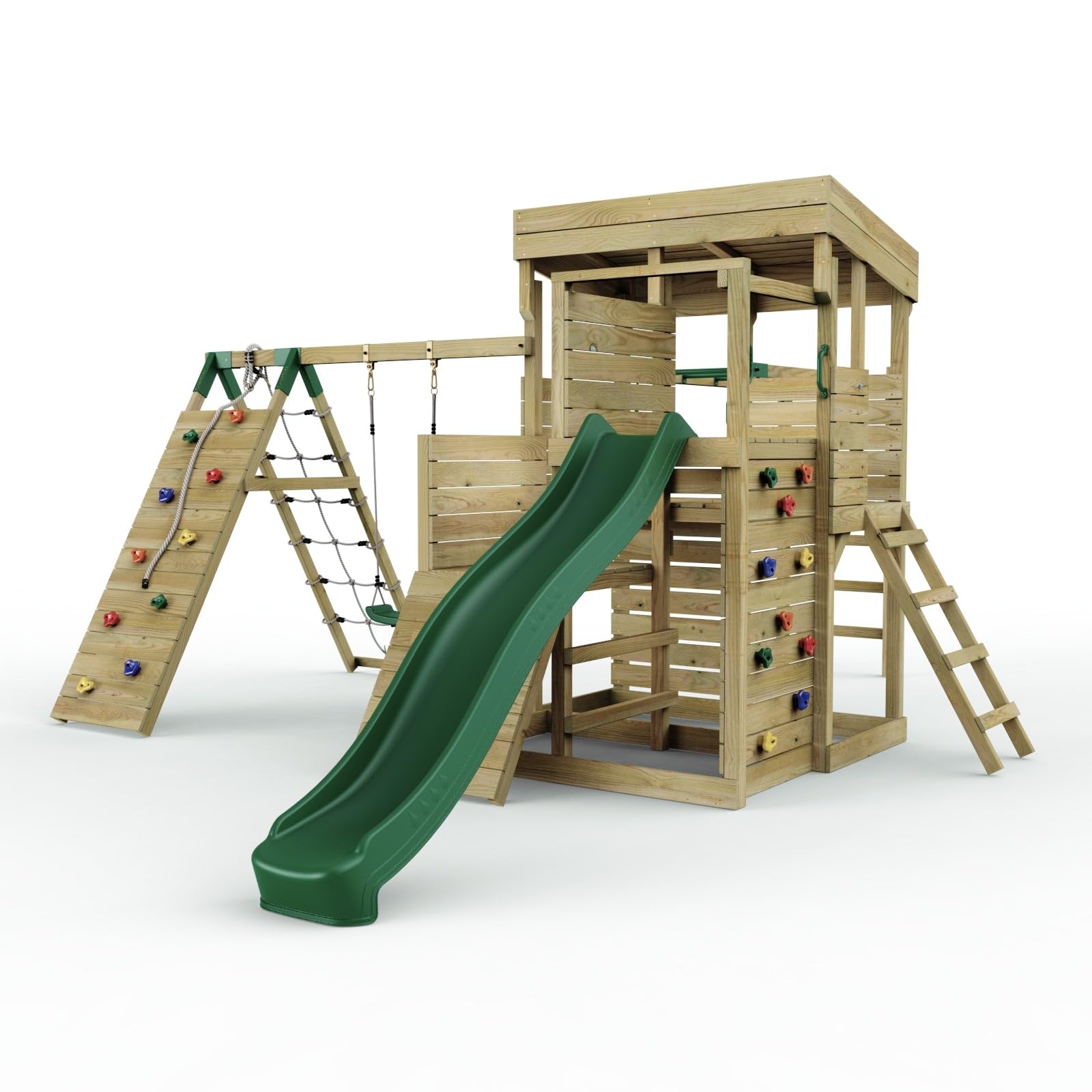 Rebo 2 Tier XL Lookout Tower Playhouse with Single Swing and Monkey Bars plus Climbing Wall | with 9ft Slide | Ladder | Pressure Treated Timber, Safe for Children | OutdoorToys | Climbing Wall |