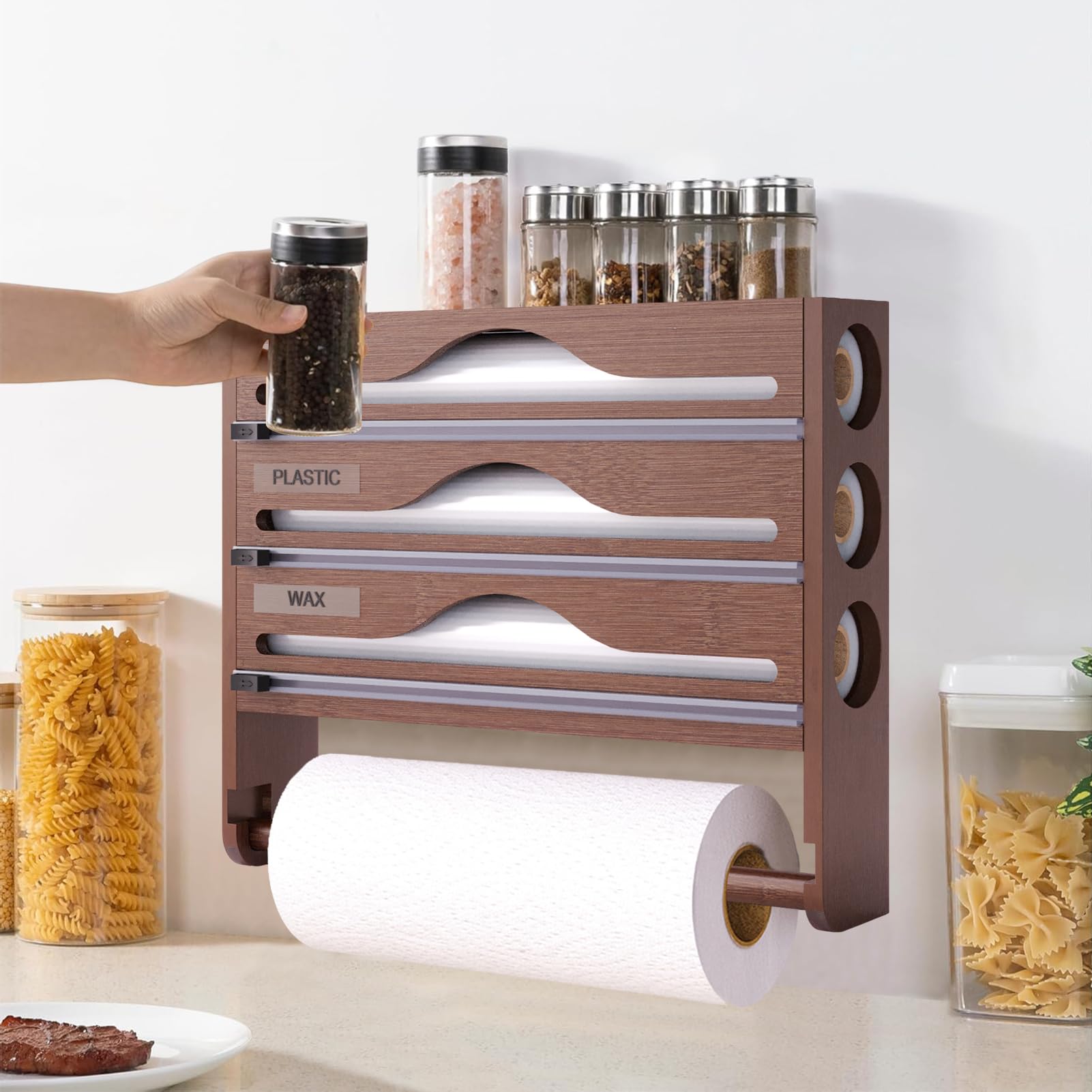 Cling Film and Foil Dispenser and Cutter Wall Mounted Cling Film Wrap Dispenser Organizer with Roll Holder and Labels, Kitchen Organizer & Holder Compatible with 12'' Roll