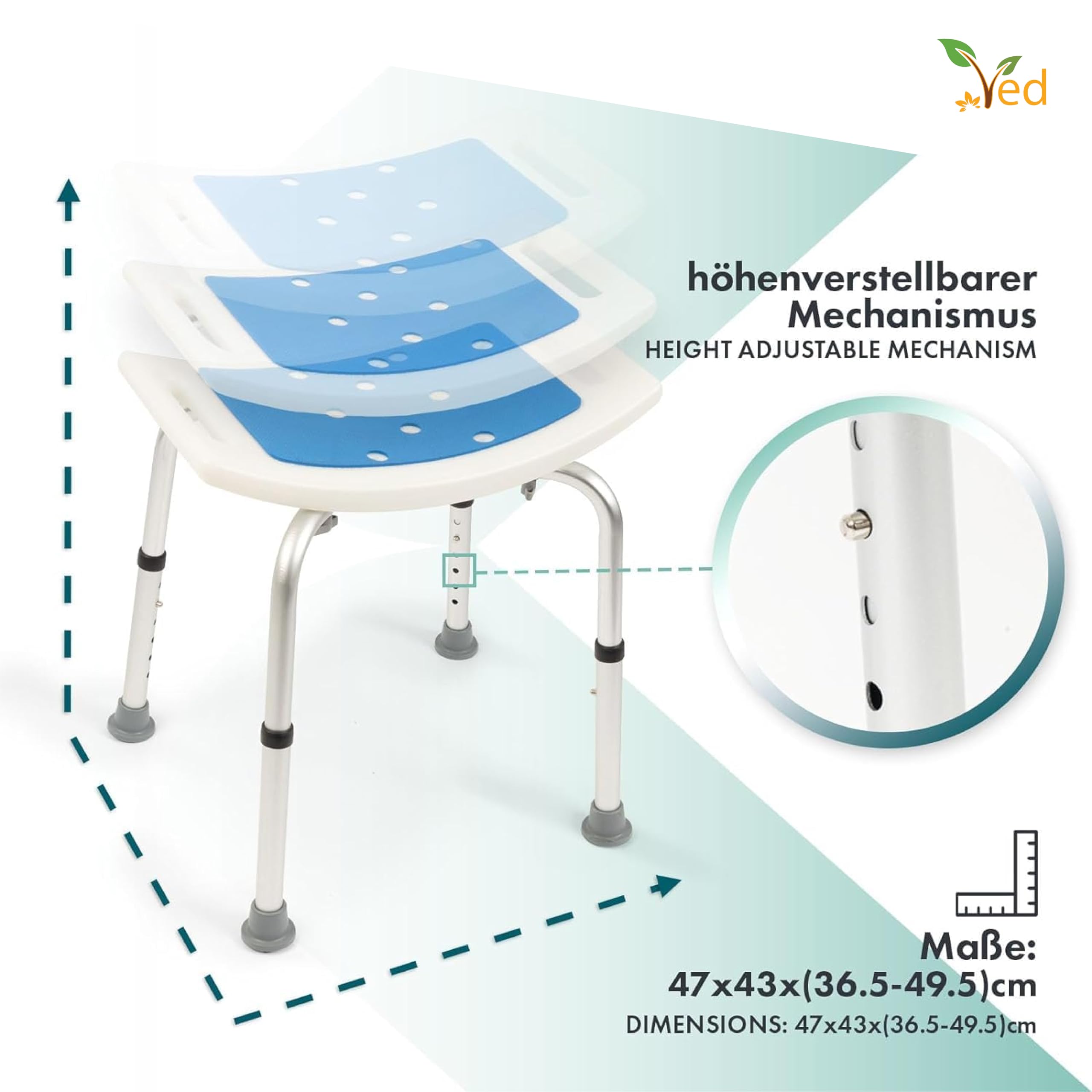 Sgabello da doccia antiscivolo regolabile VED – Sedia da bagno in alluminio antiruggine leggera per anziani, disabili, gravidanza, post-operatorio, da 14,96 a 20,07 pollici (da 38 a 51 cm)