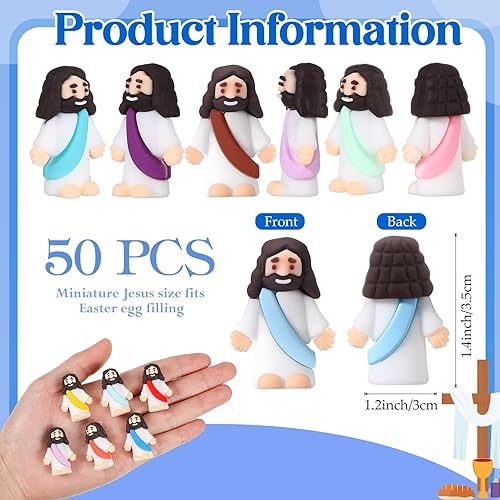 Vista 33 de Sumind 50 figuras de Jesús de diseño original, milagro, mini bolsillo para esconderse y buscar, relleno de huevos de Pascua, regalos de fiesta Azul