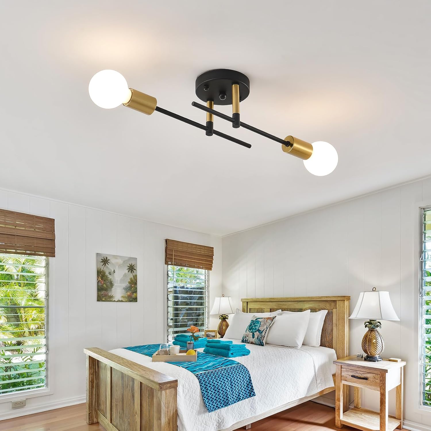 NILSE Modern Sputnik Chandelier, Adjustable Arm 2-Light Wall Lights, Industrial Semi Flush Mount Ceiling Lights Fixture, Ceiling Lighting Fixtures for Dining Bedroom Living Room Foyer Kitchen
