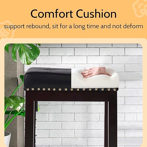 Miniatura 6 de PayLessHere Juego de 2 taburetes de bar de piel sintética para encimera de cocina, taburete de madera maciza de 24 pulgadas de altura