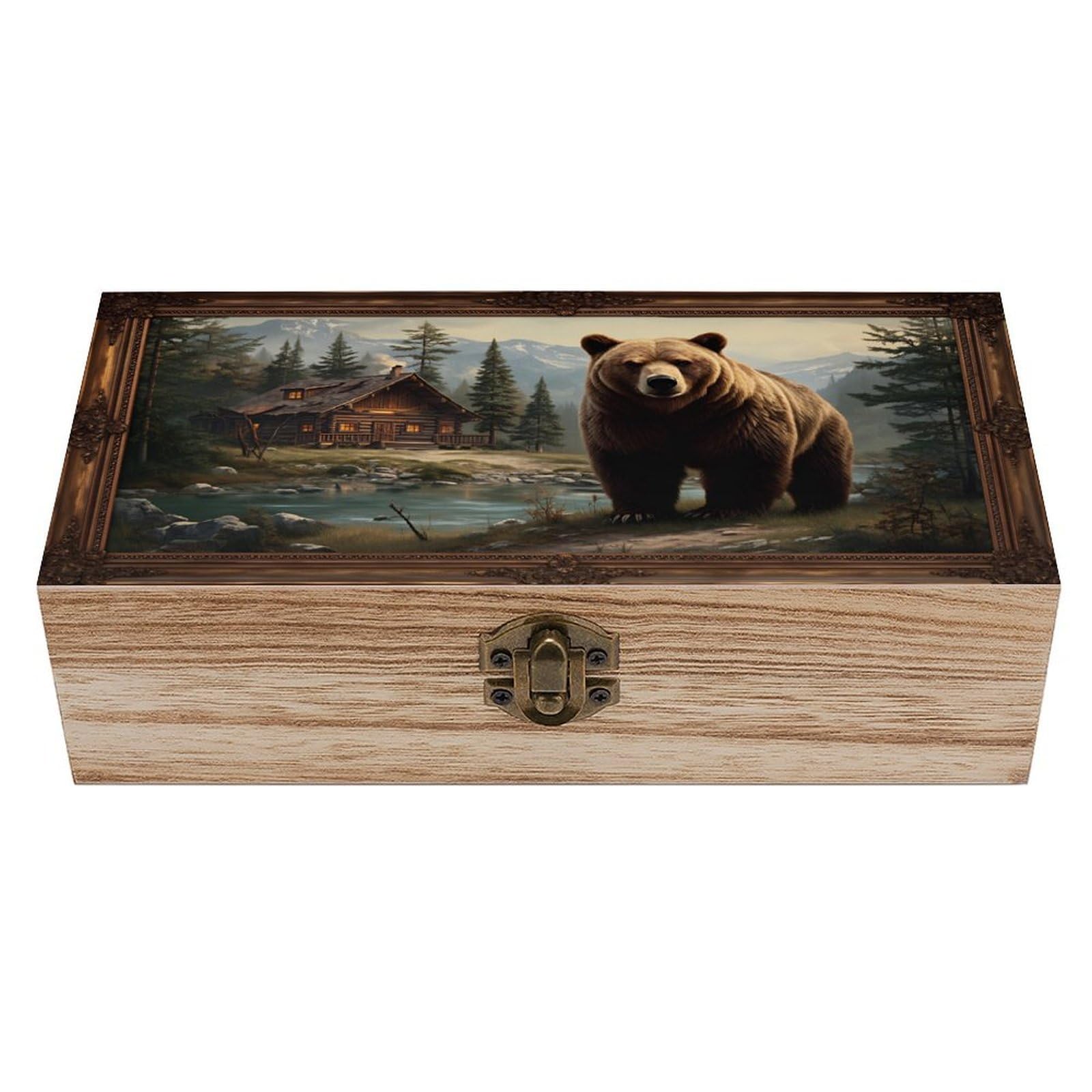 SMAZDFXX Bear Cabin Mountain Lake Wildlife Scene Wooden Keepsake Box Vintage Solid Wood with Hinged Lid 7.9"×3.7"×2.3" Metal Latch Rustic Home Decor for Jewelry Photos And Trinkets