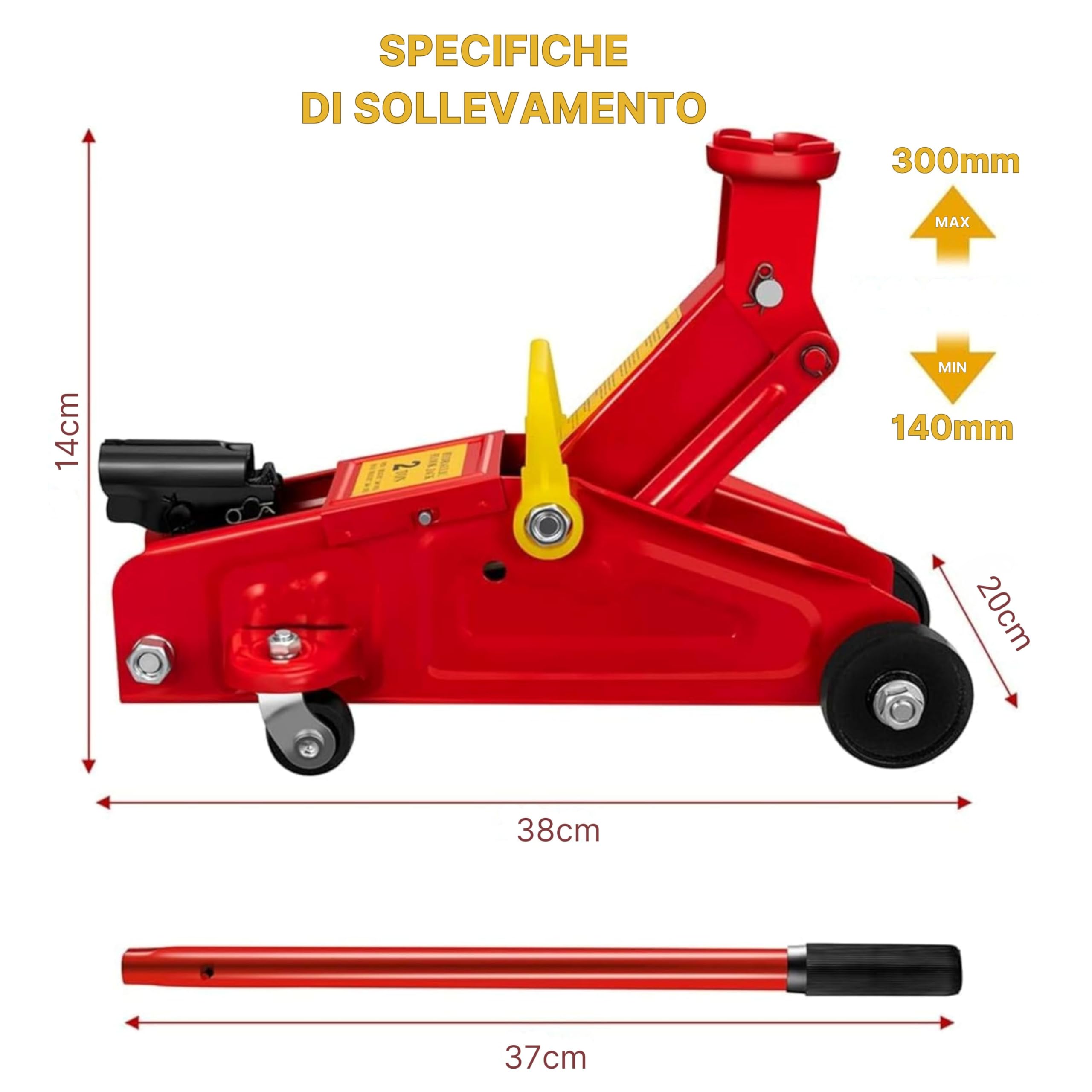 Yasta Cric Idraulico per Auto 2 Tonnellate a Carrello + Coppia Cavalletti Auto 3 Tonnellate Regolabili, Martinetto Sollevatore Professionale per Officina, Set 3 Pezzi