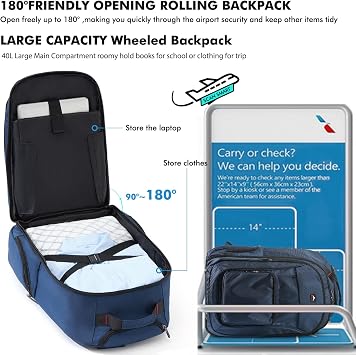 17.3 inch Backpack with Wheels, Travel Wheeled Backpack for Men Women Rucksack on Wheels Business Weekend Bag Flight Approved Overnight Business School Blue