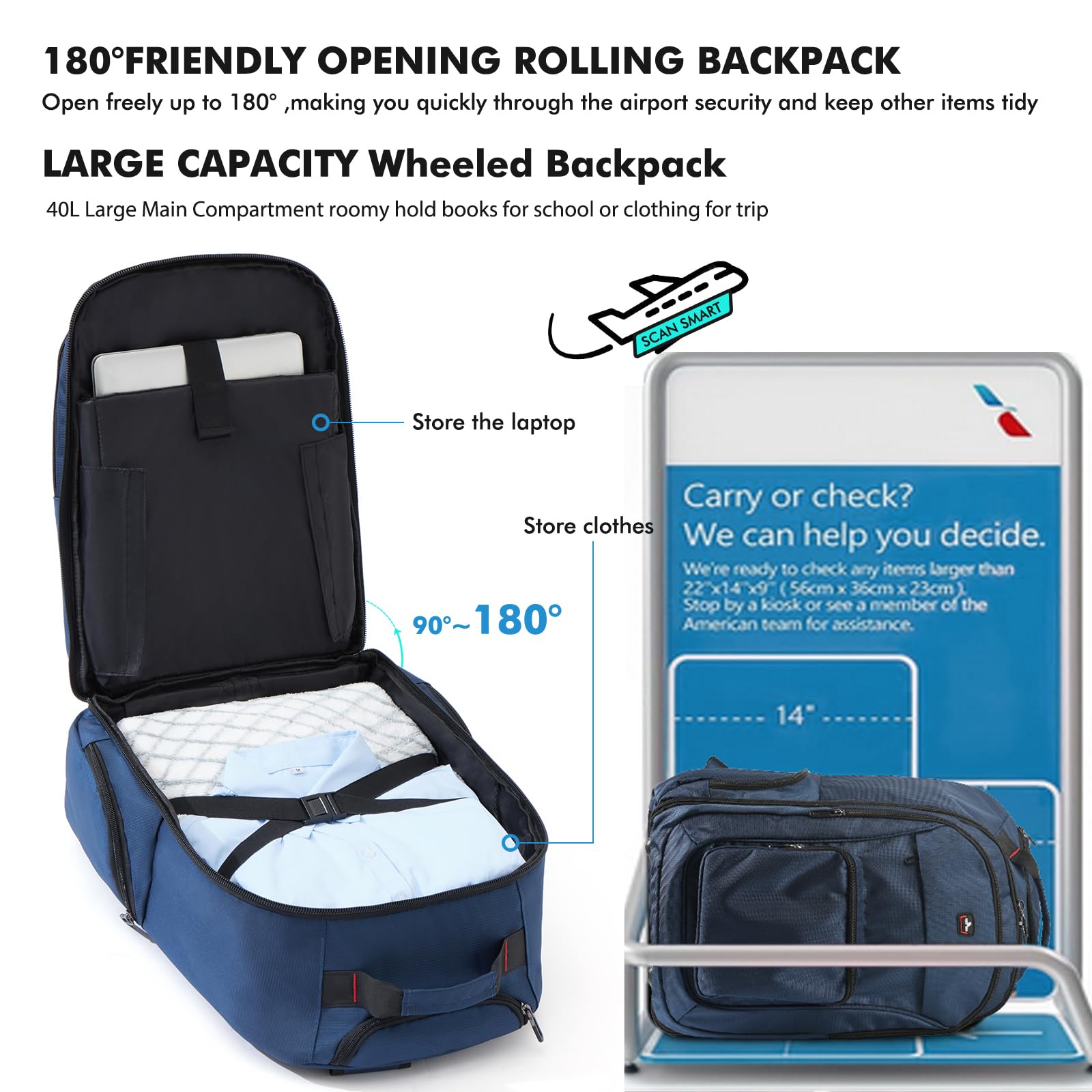 Rucksack mit Rollen, 40L 17.3 Zoll Trolley Handgepäck Laptop Reisetasche mit Rollen Groß Rucksack für Herren Arbeit, College, Blau