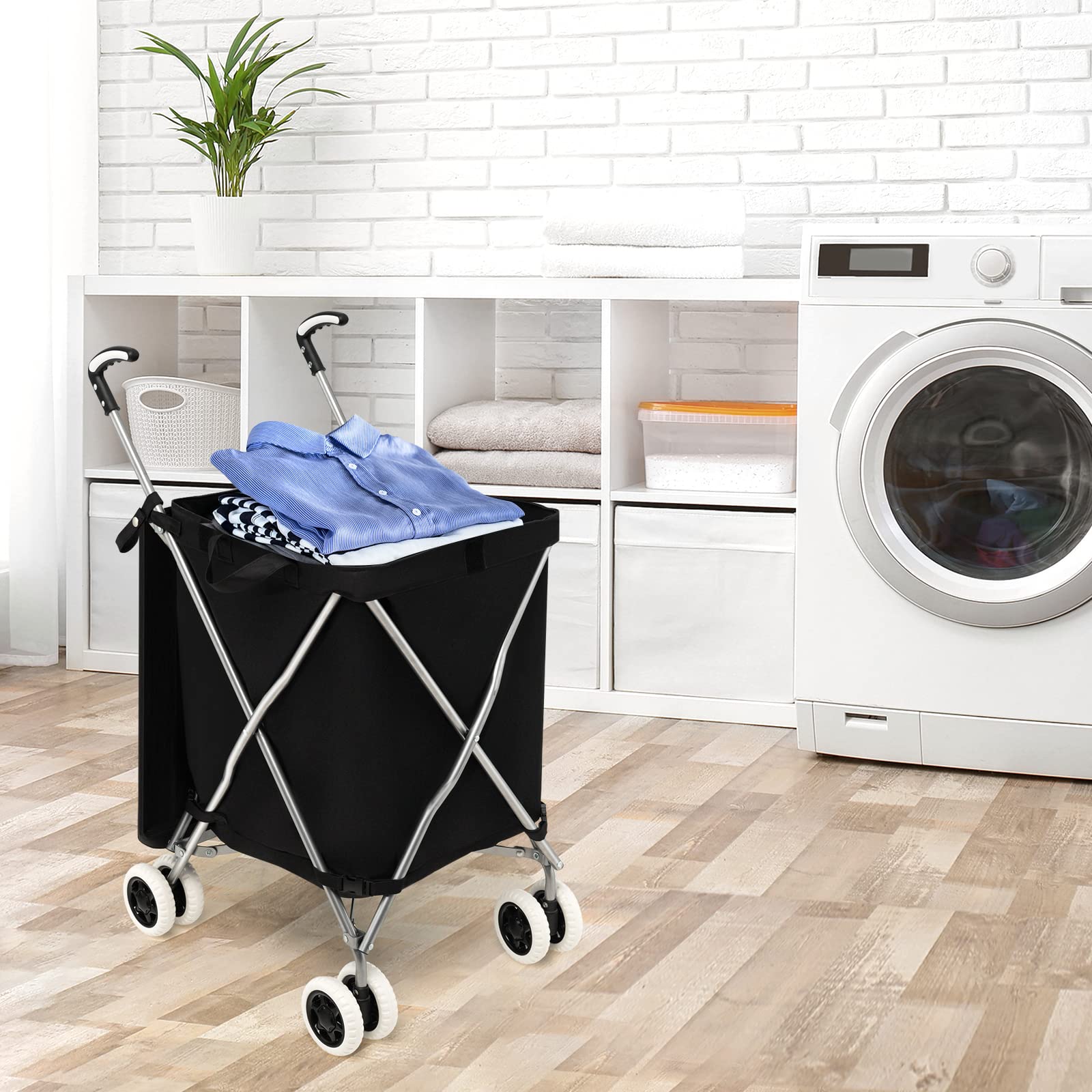 COSTWAY Chariot de Courses Pliable 90 L Sac Oxford Amovible Impermeable et 2 Roues Freinage, Caddie Marché Structure en Acier en Forme de X, Charge 54 kg (Noir)