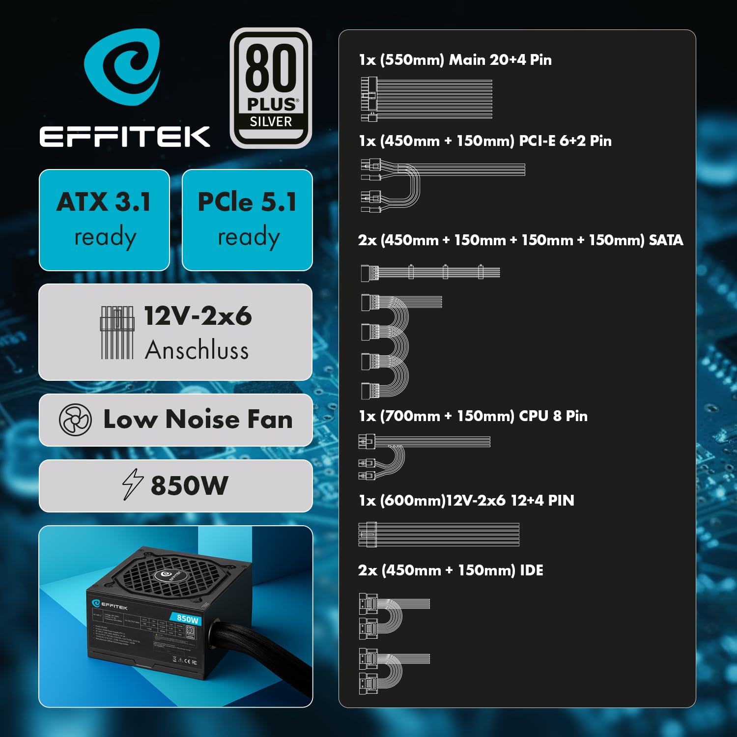 850 W ATX 3.1 Gamer zasilacz 80 Plus Silver obsługuje PCIe 5.1 GPU