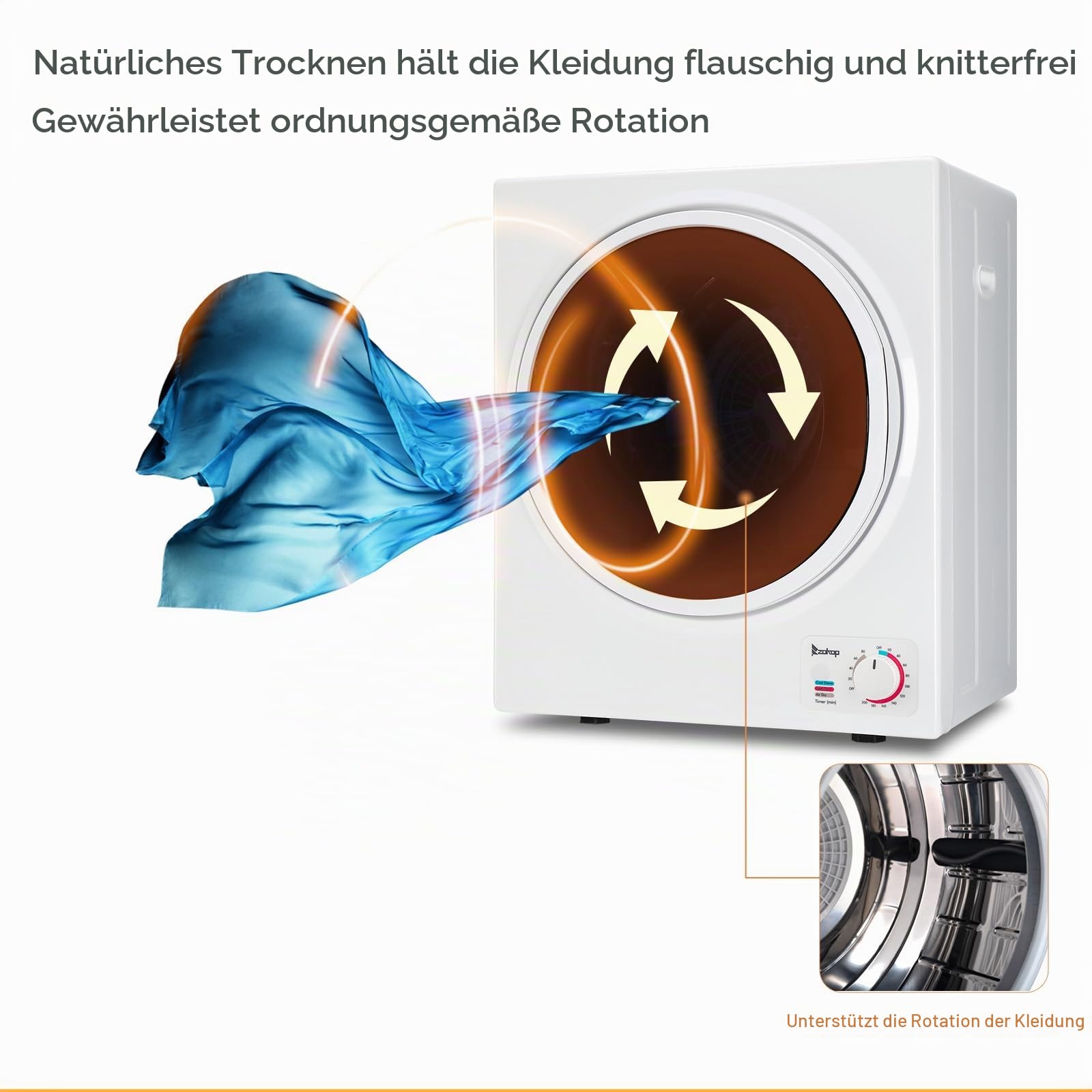 ROVSUN 2.5 KG Ablufttrockner Wäschetrockner Mini Trockner Trockenmaschine Kompakt-Trockner Mechanische Steuerung Edelstahl-Trommel & ABS 850W, Weiß