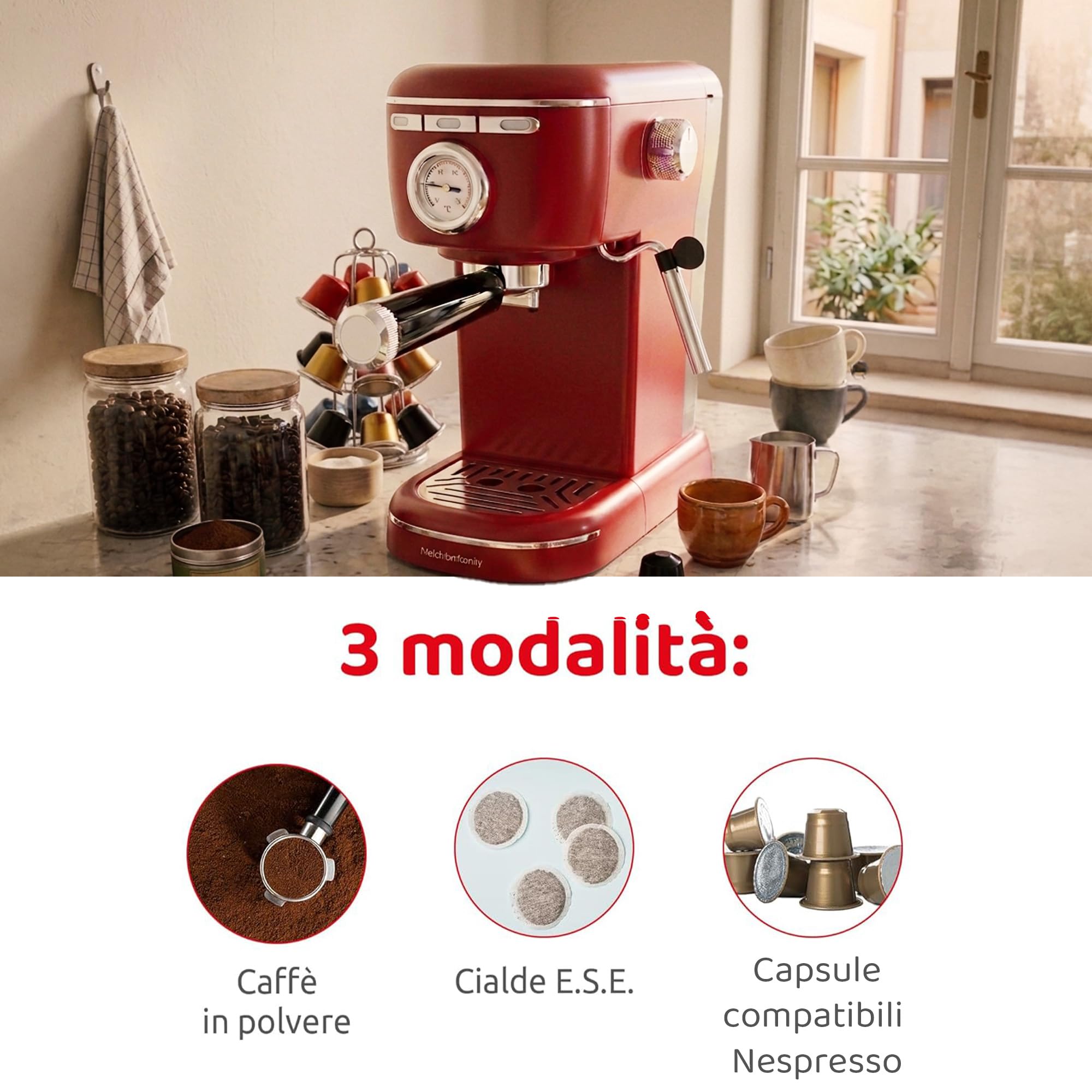 Melchioni Aromatica Plus ekspres do kawy 3 w 1, kompatybilny z kapsułkami Nespresso i kawą mieloną - ciśnienie 15 bar - 1100 W - zbiornik 1,2 l - wbudowany spieniacz do mleka - czerwony