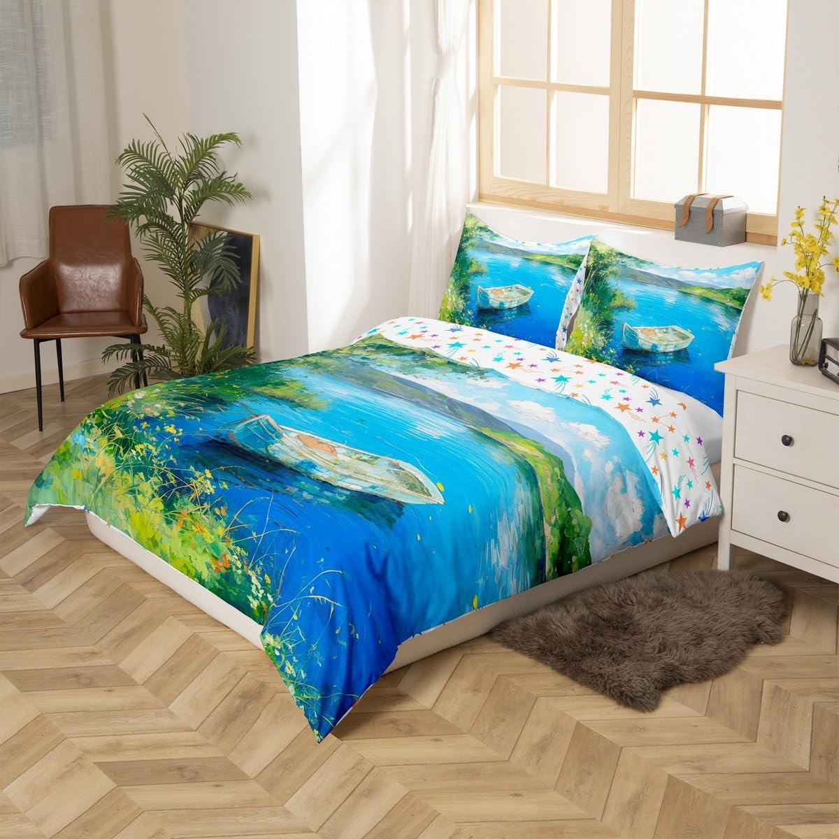 jejeloiu Lake Bedding Set for Kids Boys Girls Botanical Flroal Comforter Cover Set Natural Landscape Duvet Cover Toddler Size Bedroom Decor Lake House Decor 2Pcs,No Comforter
