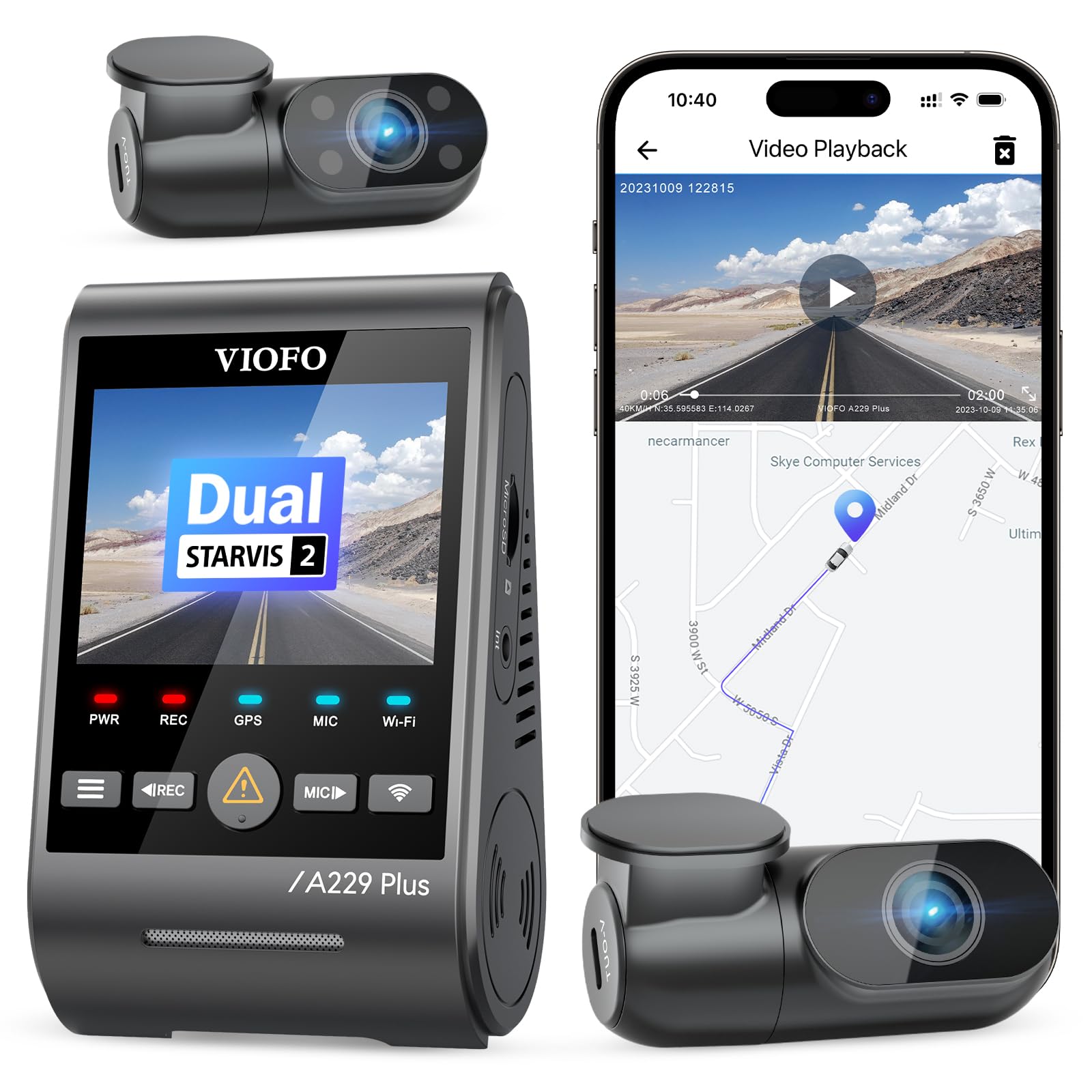 VIOFO A229 Plus 3 Channel Dash Cam, Dual STARVIS 2 Sensors, 3-Channel HDR, 1440P+1440P+1080P Front Inside and Rear Car Camera, 5GHz Wi-Fi, Voice Control, Ultra-Precise GPS, 24 Hours Parking Mode