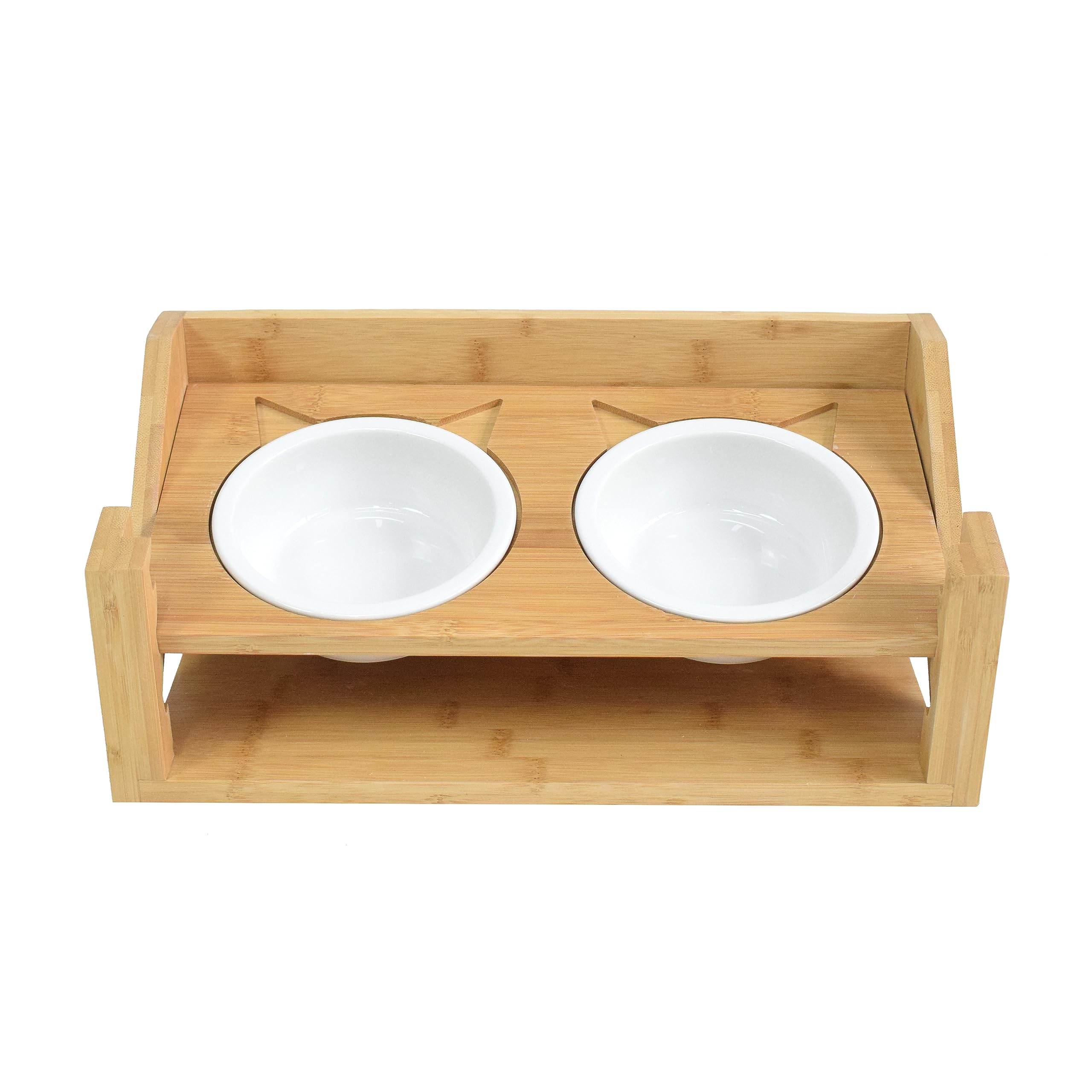 Cuenco para gatos y perros pequeños | Altura regulable | 350 ml | Comedero | Cerámica | con 2 + 2 cuencos | 4 cuencos | Juego de cuencos para gatos | Soporte de madera de bambú