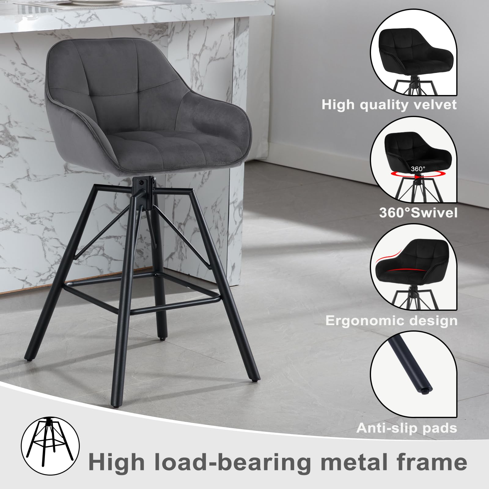 WOLTU Barhocker 2er Set, 360°drehbar Barstuhl Bistrohocker mit Rückenlehne Tresenhocker mit Lehne Fußstütze 4 Beinen, drehbar, gepolstert, Samt Metall, Dunkelgrau, BH397dgr-2