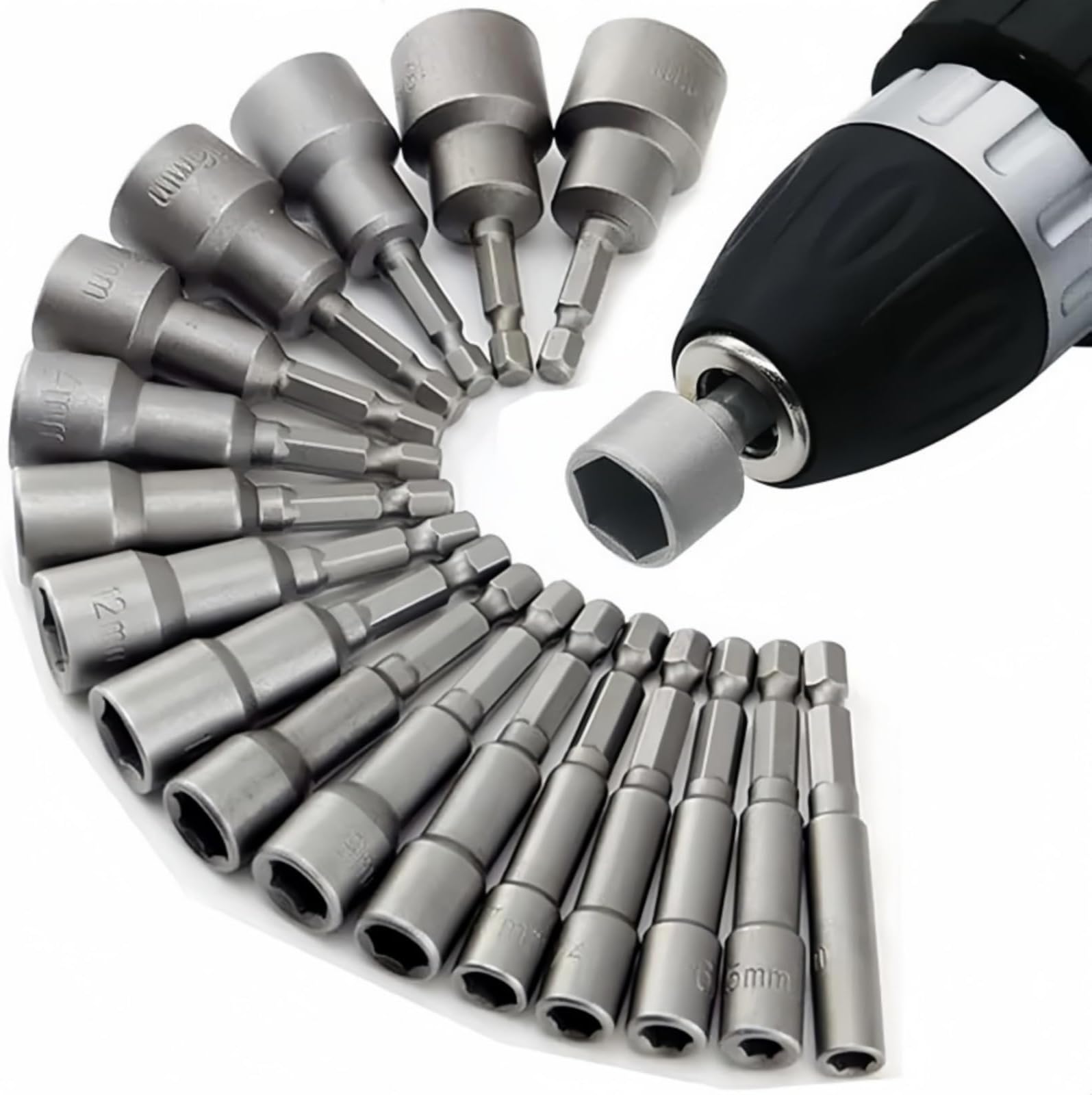 Power Nut Driver Drill Bit 14-Piece Set, 1/4" Hex Drive, Metric & SAE Socket Wrench Screws Compatible with Power Tools
