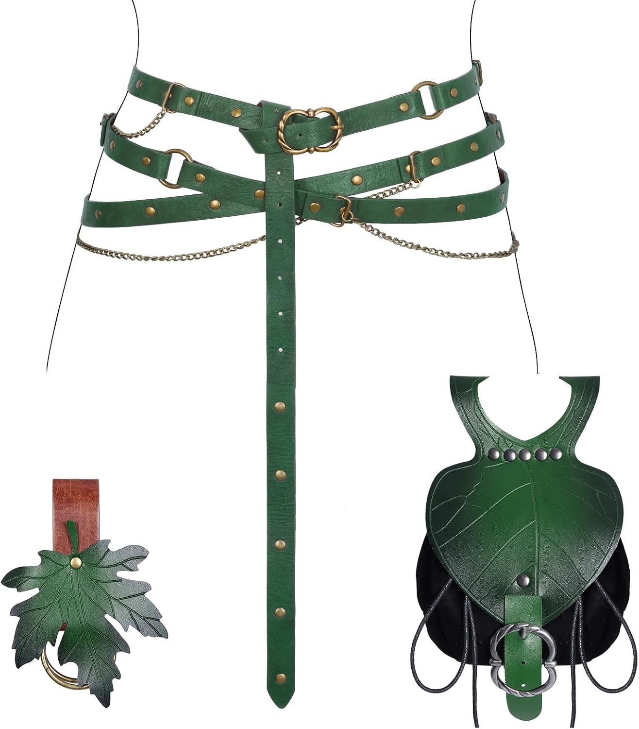 3PCS Medieva Adjustable Faux Leather Metal Chain Belt Set DIY, With leaf purse and skirt hike Clips, For Ren Faire