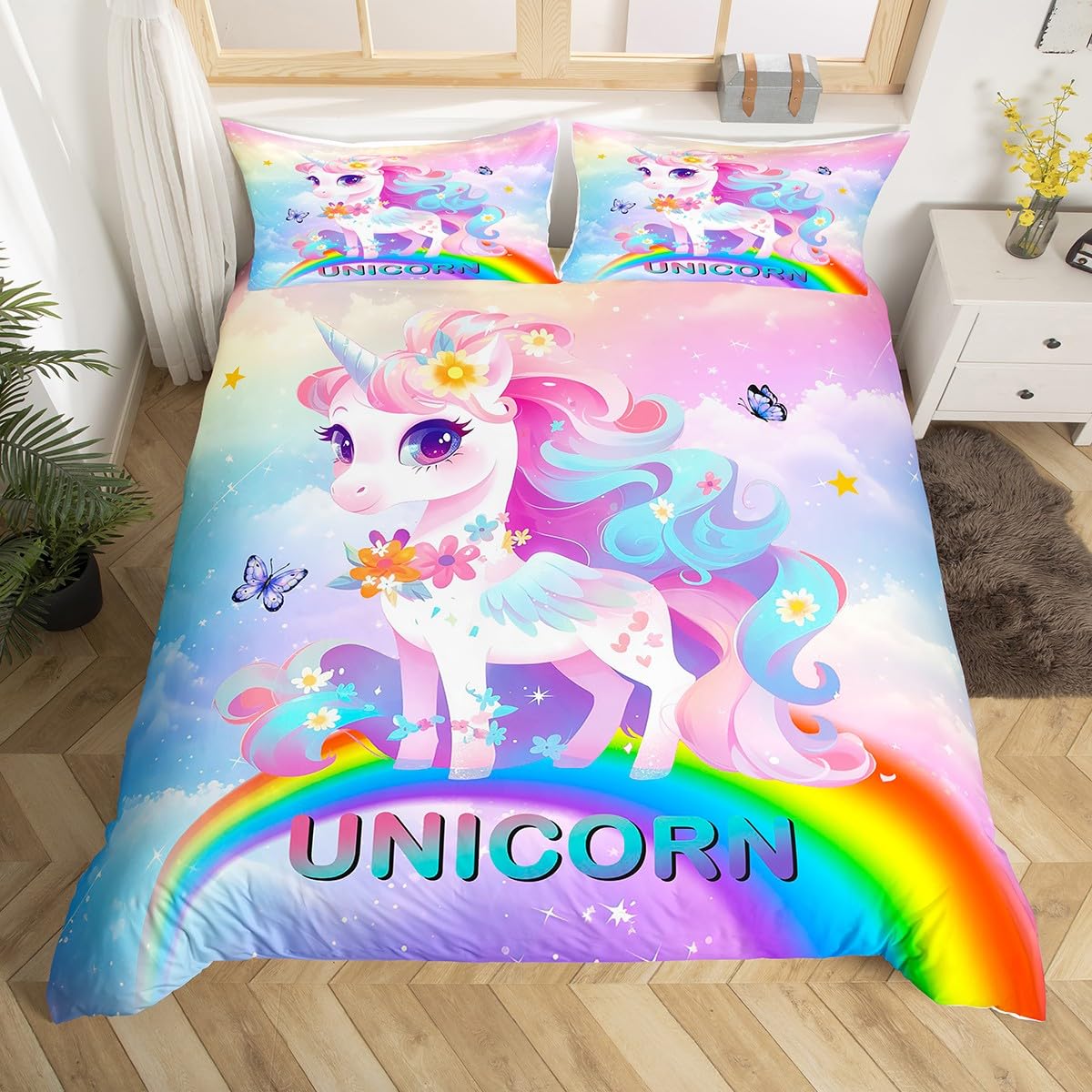 Kawaii Unicorn Girls Duvet Cover Set Super King Size, Floral Unicorn Comforter Cover, Cartoon Rainbow Unicorn Bedding Set for Kids Princess Bedroom Decor, Lightweight Bedspread Cover, 2 Pillowcases