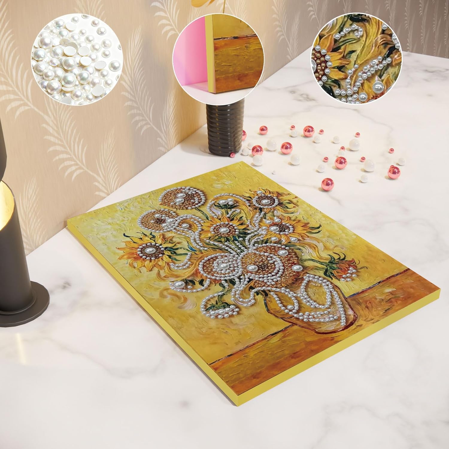 Pearl Gem Diamond Art Painting Kits,Sunflower Vase Pattern Diamond Dots Pearl Gem Paintings Picture Arts Craft 30x40cm with Frame for Adults Gift Home Decor