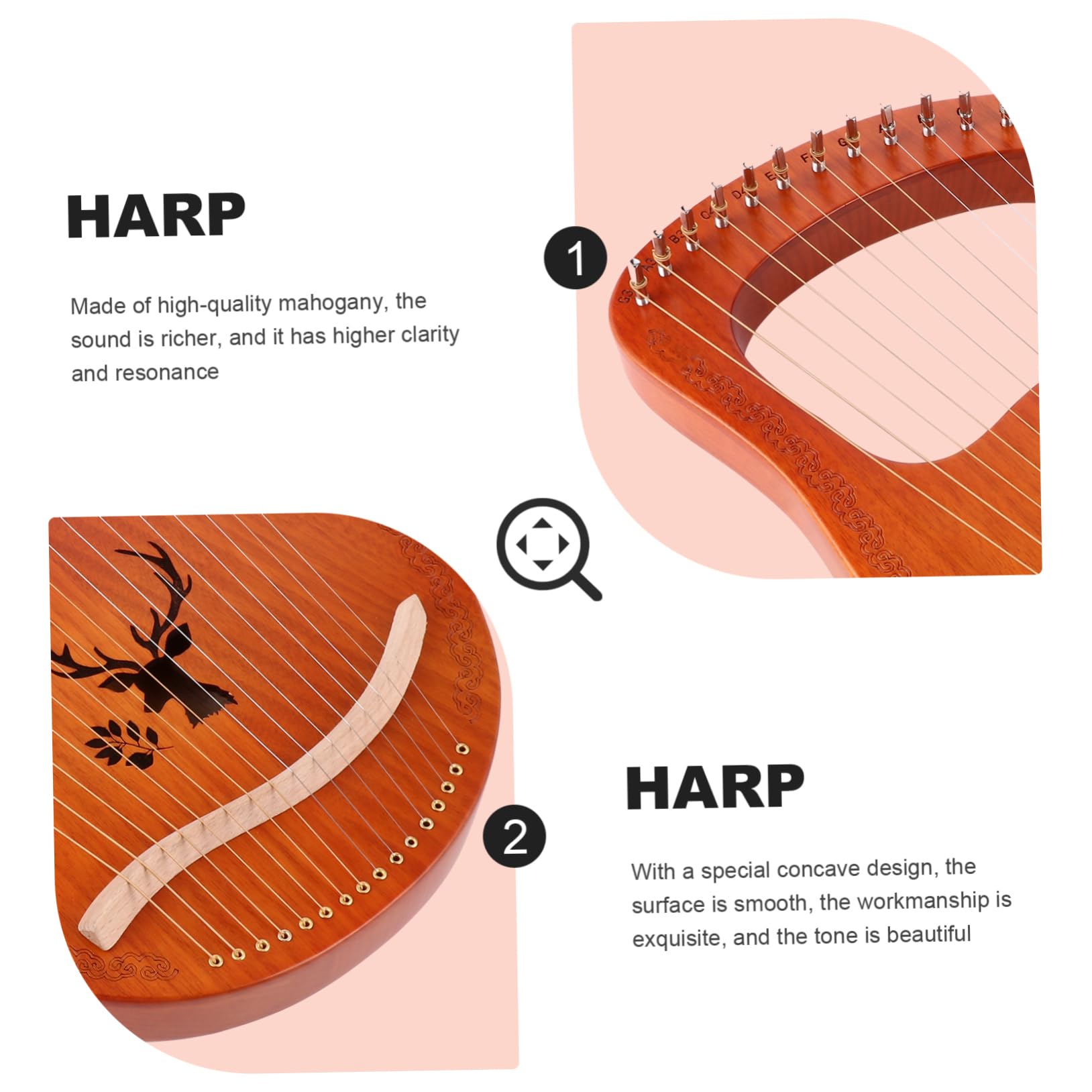 TOYANDONA Arpa Lira Strumento Corda Corde in Metallo di Pannello Decorativo Motivo Renna Ponte ad Altezza Bordi Arrotondati per Presa Sicura Strumento Musicale Portatile