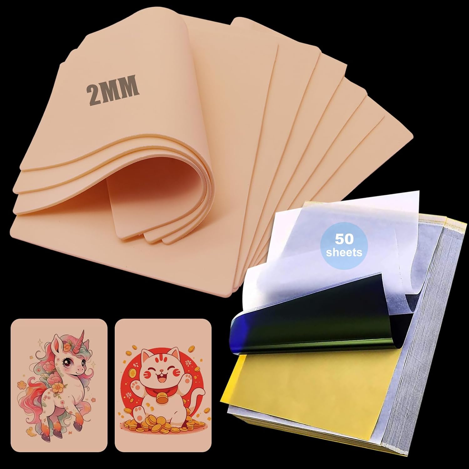 Tattoo Practice Skins 2MM with Transfer Paper - Autdor 60Pcs Thick Fake Skin and Stencil Paper Kit Includes 50Pcs Tattoo Papers and 10Pcs Double Sided Blank Tattoos Skin Practice 2mm