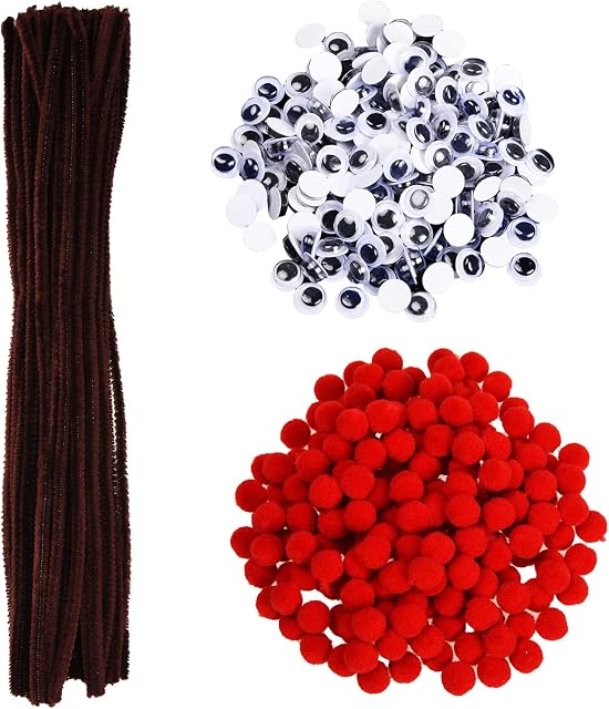 Euvoym 500 Pieces Christmas Brown Pipe Cleaners Chenille Stems Red Pom Poms Fluffy Pompoms Wiggle Googly Eyes for Christmas DIY Crafts Reindeer Making Party Supplies