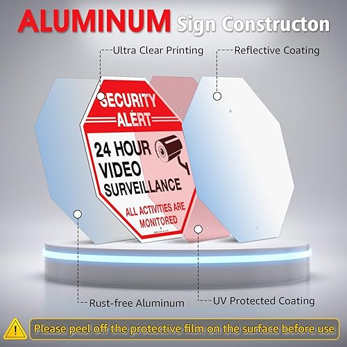 Miniatura 3 de Faittoo Letrero de seguridad para videovigilancia con estaca de 36 pulgadas para exterior, paquete de 2 unidades de aluminio pesado de 12 x 12