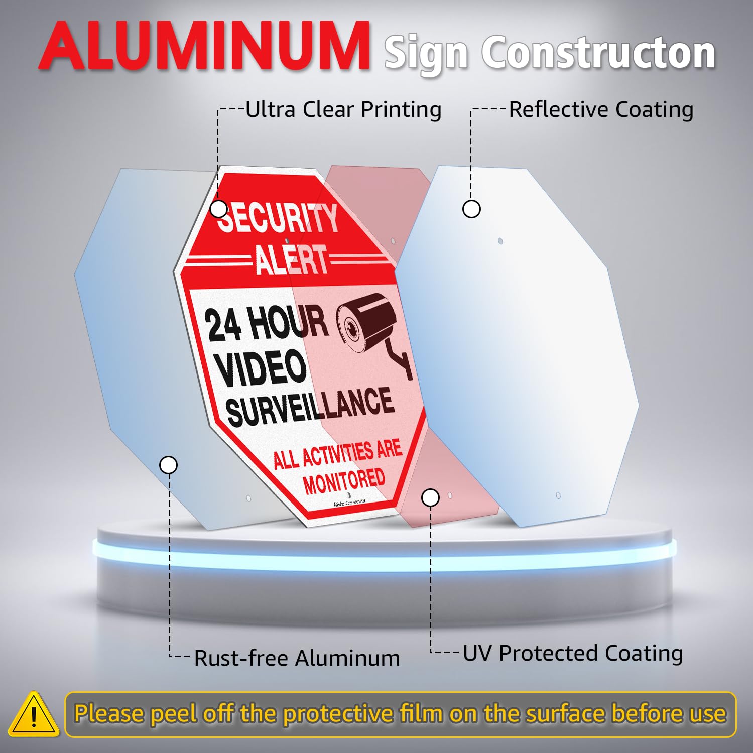 Faittoo Señal de seguridad de videovigilancia con estaca de 36 pulgadas para exterior, paquete de 4 unidades de 12 x 12 pulgadas, aluminio pesado libre de óxido, reflectante, resistente a la