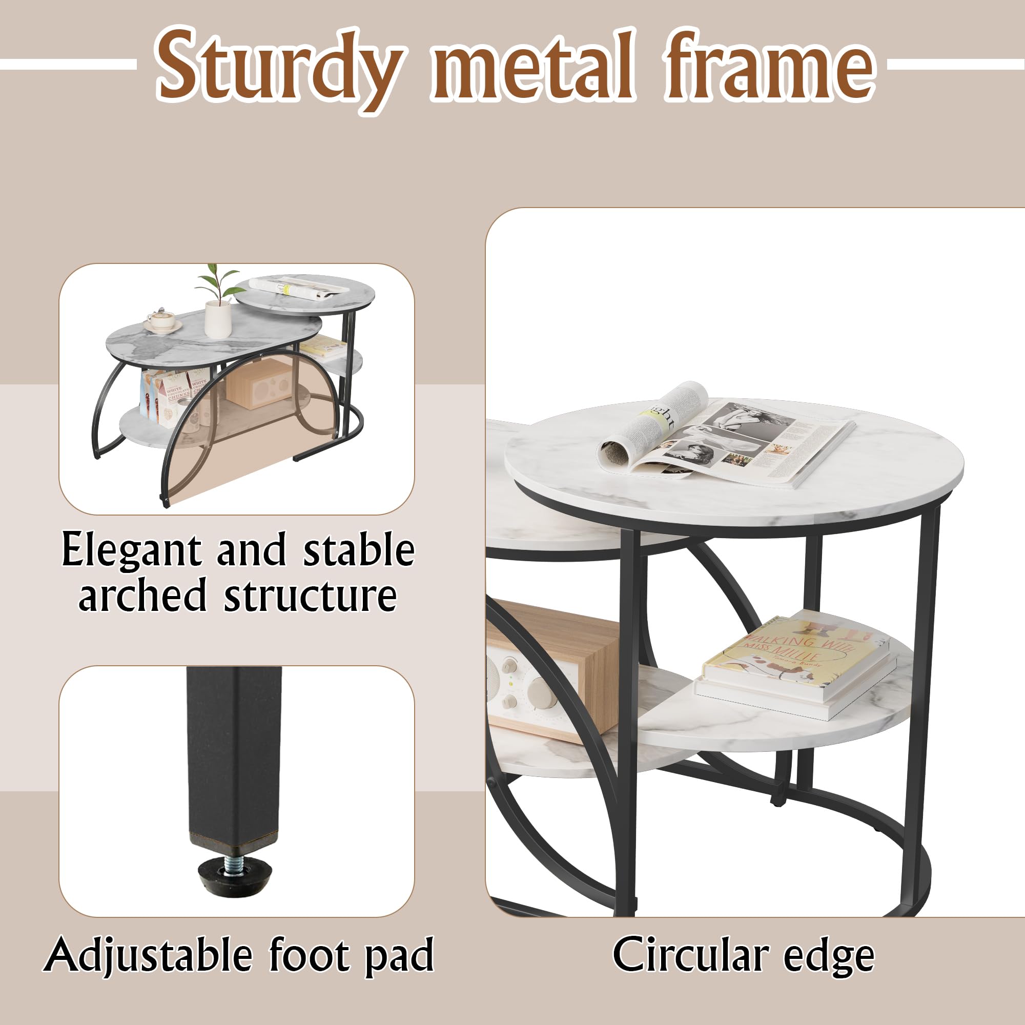 KeepGoon Table Basse Ronde avec Rangement, Tables Basses de Salon Moderne à encastrer empilable, Tables gigognes de Salon latérale en marbre plaqué, Table de Canapé avec Cadre Métallique Robuste
