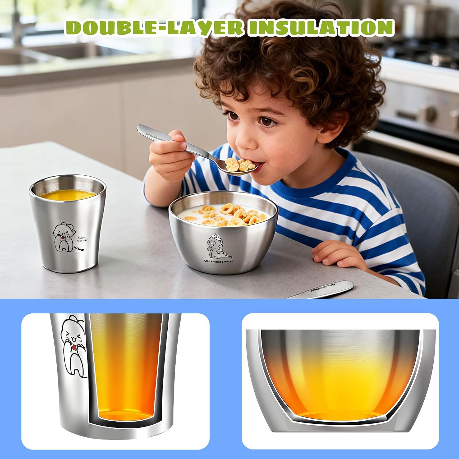 Greentainer Stainless Steel Kids Dinnerware Set, Unbreakable 304 Steel Toddler Plate with 3 Compartments, Baby Led Weaning Bowl, Cup, Fork & Spoon, Dishwasher Safe, BPA Free, Drop Proof for Boy & Girl