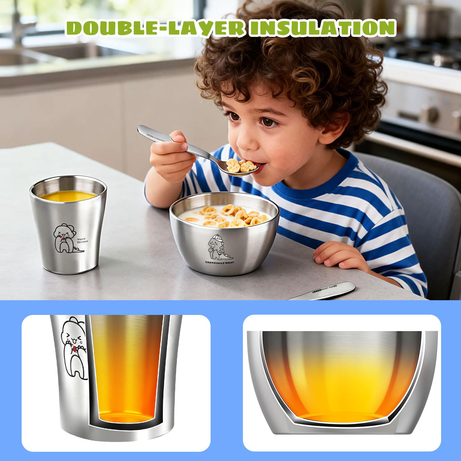 Greentainer Edelstahl Baby Geschirrset, Kindergeschirr-Set aus Edelstahl,5-teiliges Mehrweg Geschirr-Set,Becher, Schüssel, Teller, Löffel & Gabel für Kinder
