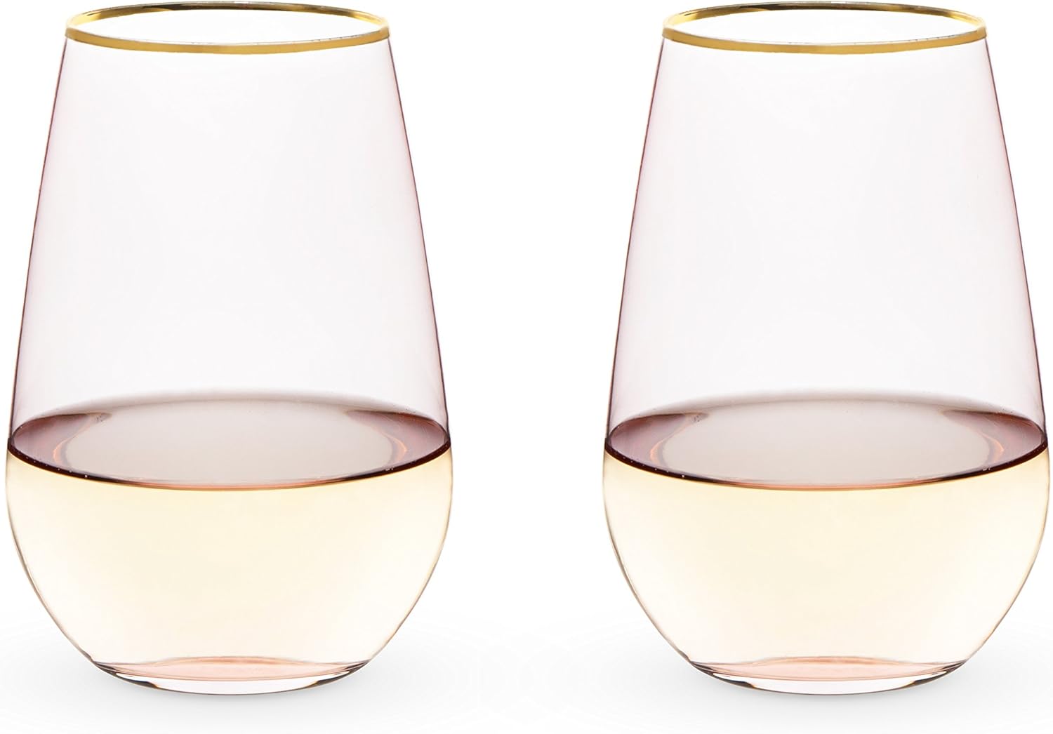 Twine Rose Crystal Stemless Wine Glasses Set, Pink Tinted with Gold Rim, Elegant Drinking Glasses for Red and White Wines, Wedding Gifts, Housewarming, Decorative Glassware, Home Bar,18 oz, Set of 2